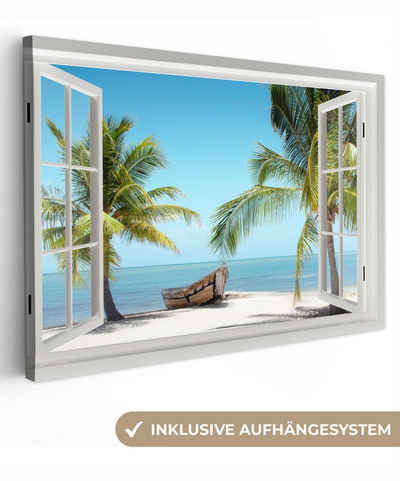 OneMillionCanvasses® Leinwandbild Aussicht - Strand - Palme - Boot - Tropisch - Meer - Blau, (1 St), Wandbild Leinwandbilder, Aufhängefertig, Wanddeko, 30x20 cm