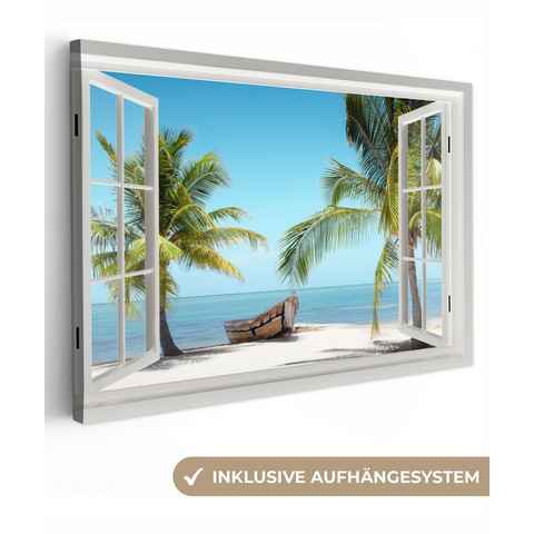 OneMillionCanvasses® Leinwandbild Aussicht - Strand - Palme - Boot - Tropisch - Meer - Blau, (1 St), Wandbild Leinwandbilder, Aufhängefertig, Wanddeko, 30x20 cm