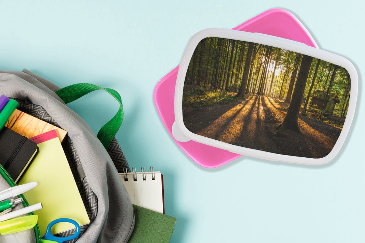 Snackbox, für - Kinder, - rosa - Mädchen, Natur, MuchoWow Brotdose Brotbox Wald Kunststoff, Landschaft Lunchbox Erwachsene, Sonne Bäume (2-tlg), - Kunststoff