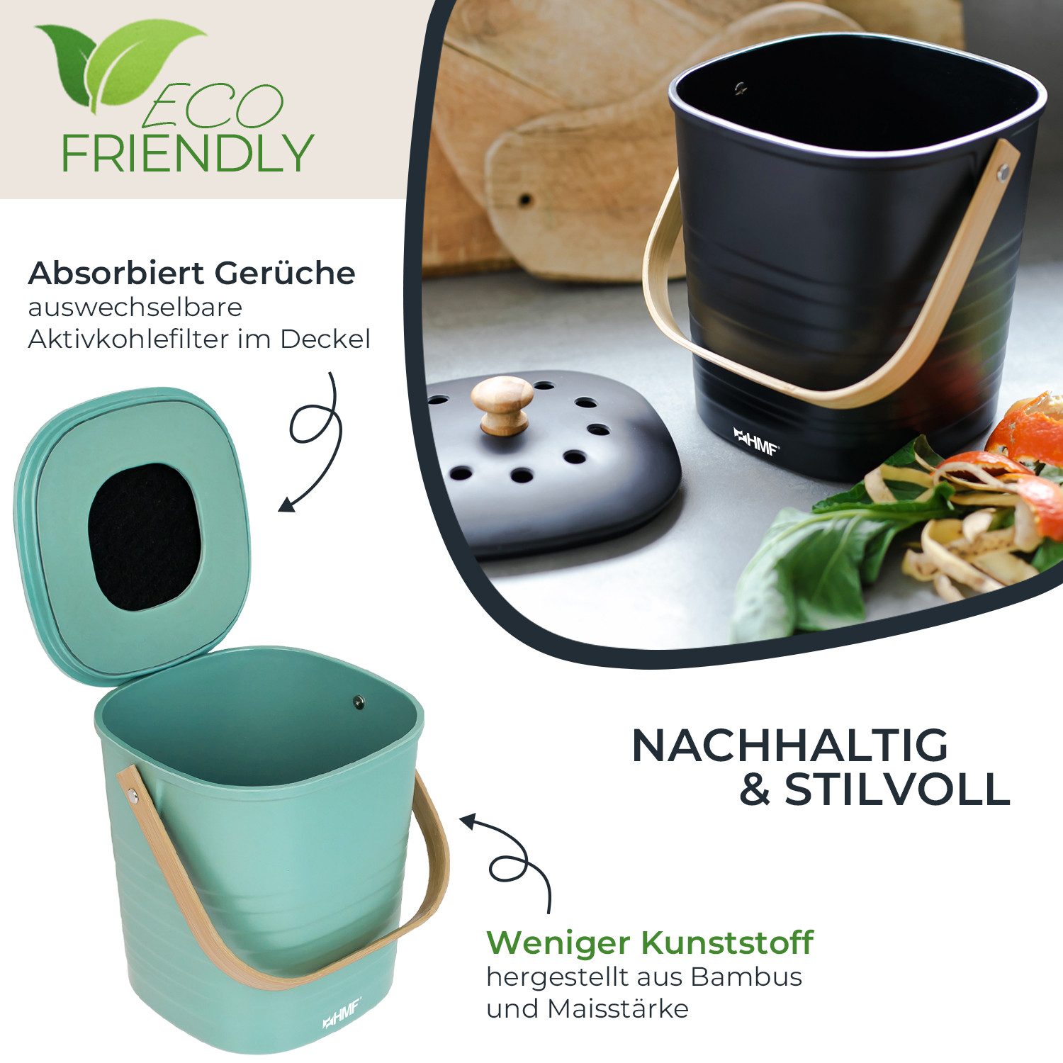 HMF Biomülleimer 3780-3L Geruchsdichter Komposteimer mit Aktivkohlefilter, nachhaltiger kleiner Bio Mülleimer für die Küche mit Deckel, 3L, Grün