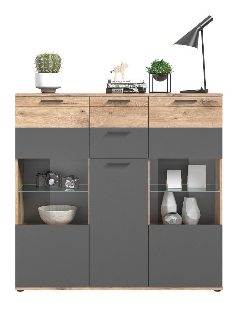 xonox.home Vitrine Highboard Mason, Nox Oak / Basalt Grau ohne Beleuchtung