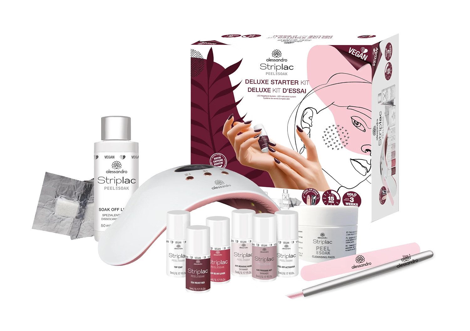 alessandro International GmbH Nageldesign Zubehör UV-Nagellack-Set Striplac Peel or Soak Deluxe, mit LED-Lampe, 4 Farben, 20-tlg., Bis zu 3 Wochen Halt, vegan, per Peel Off oder Soak Off entfernbar