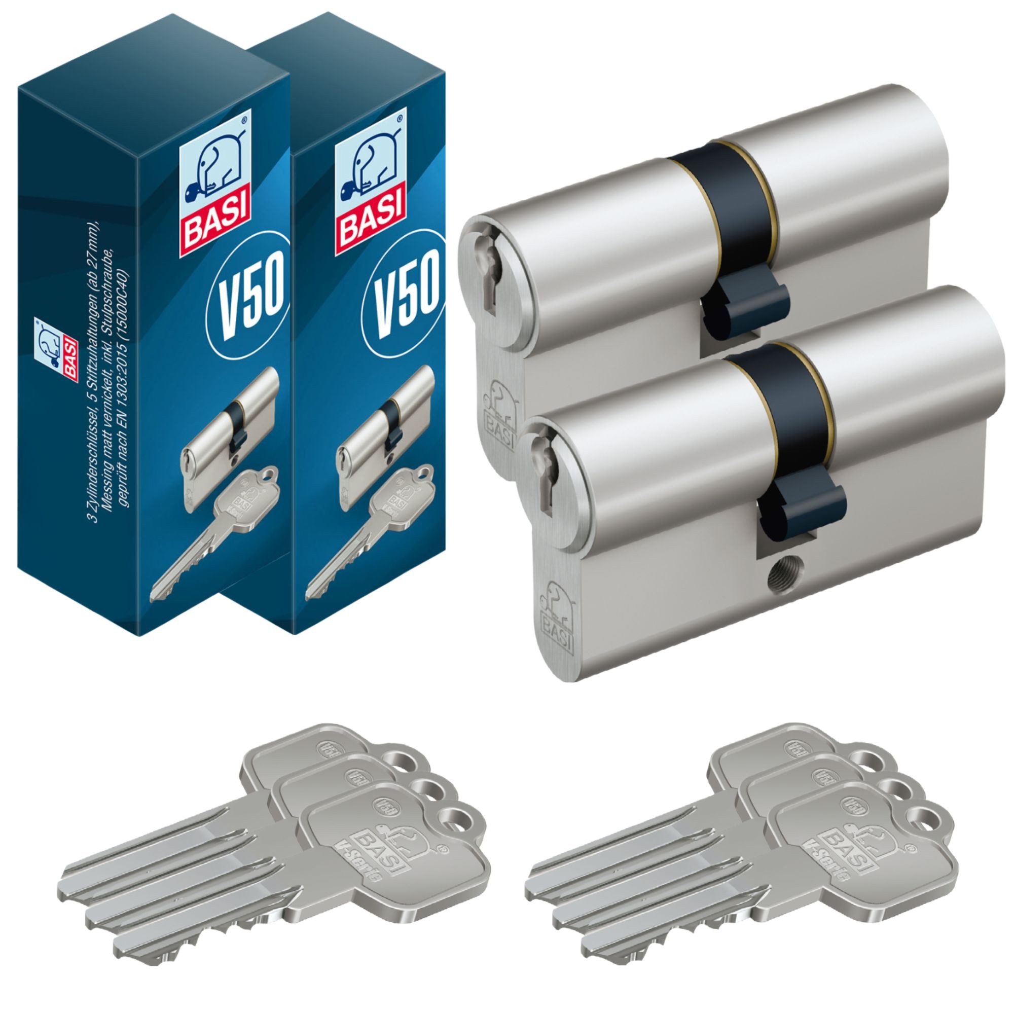 BASI Profilzylinder 2er SET V50, Gleichschließend, diverse Längen, (Spar-Set, 2-St), 2 x Kurzzylinder 27/27 mm, 5 Stiftzuhaltungen, inkl. 6 Schlüssel