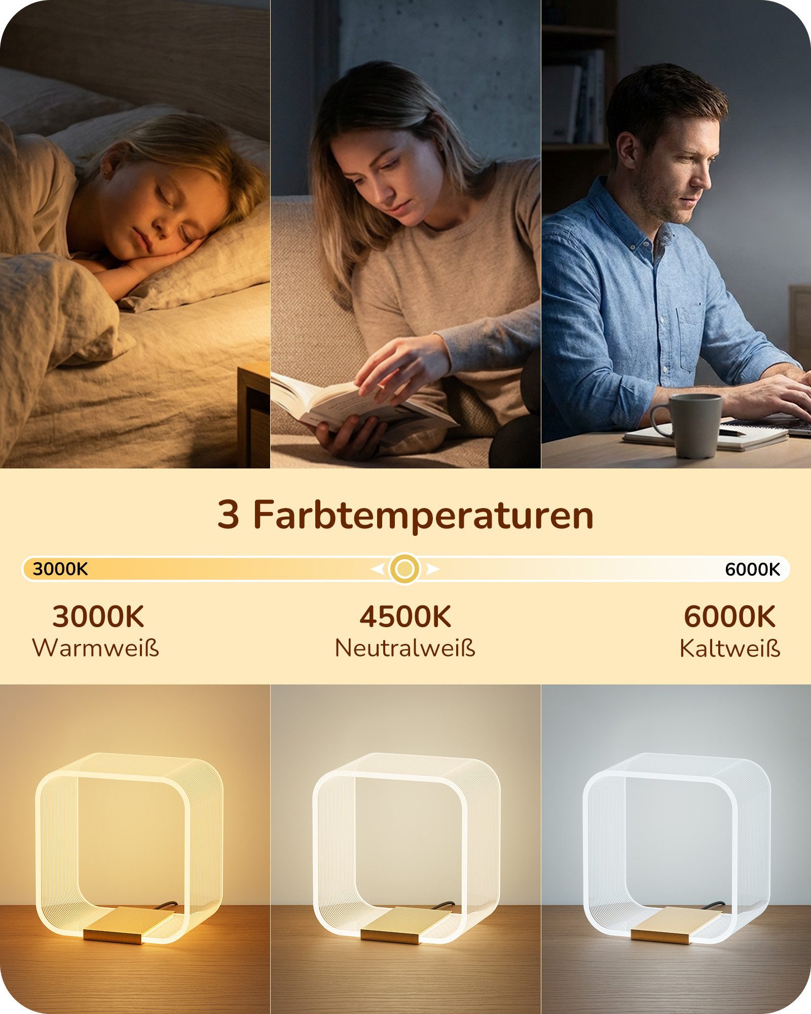 EDISHINE LED Nachttischlampe Dimmbar, Moderne Tischlampe, dimmbar, LED fest integriert, 3 Farbtemperaturen, mit Versteckter Lasergravur, Nachtlicht für Schlafzimmer, Wohnzimmer