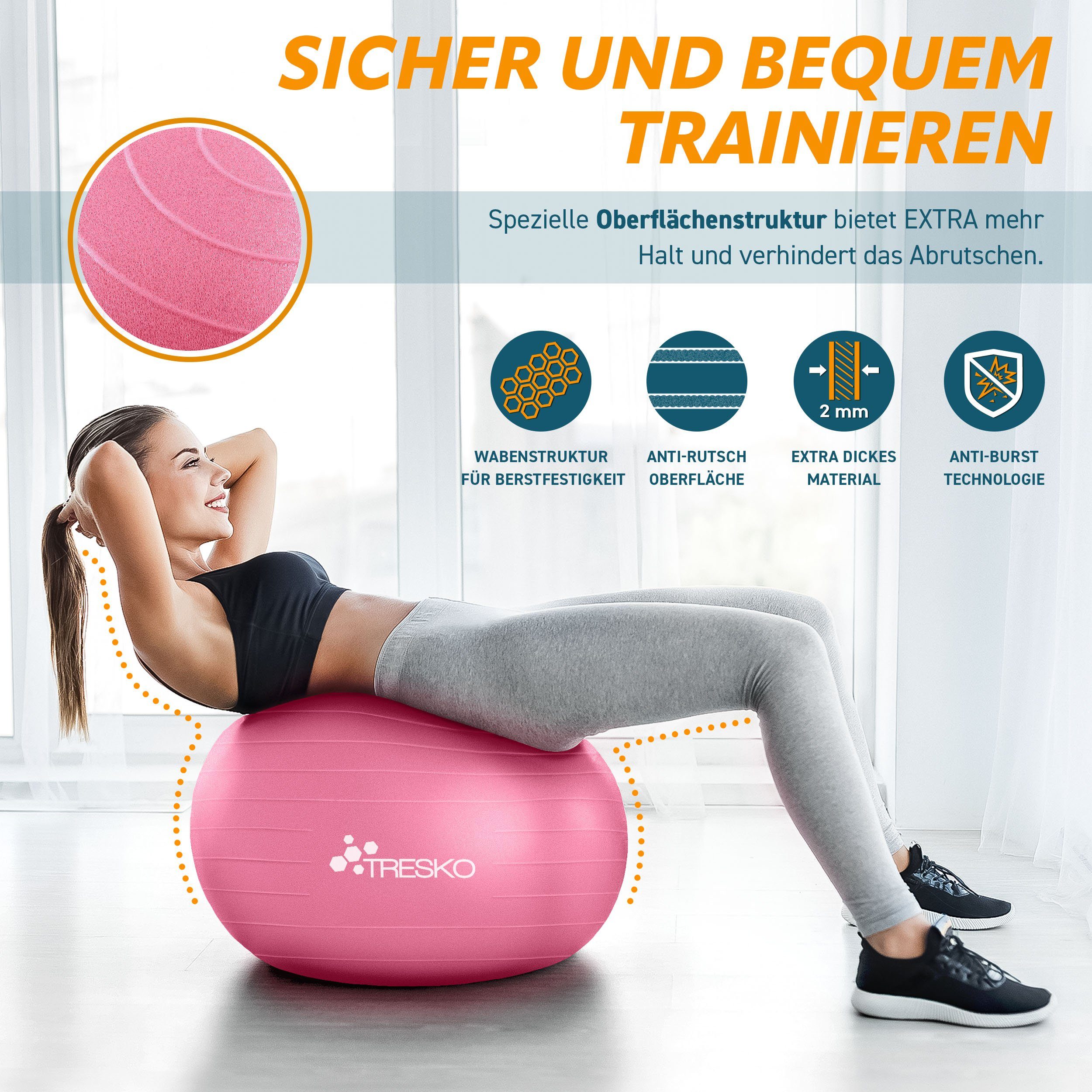 TRESKO Gymnastikball mit GRATIS Übungsposter inkl. Luftpumpe Yogaball, BPA-Frei Sitzball Büro Anti-Burst inkl. Luftpumpe, Fitnessball