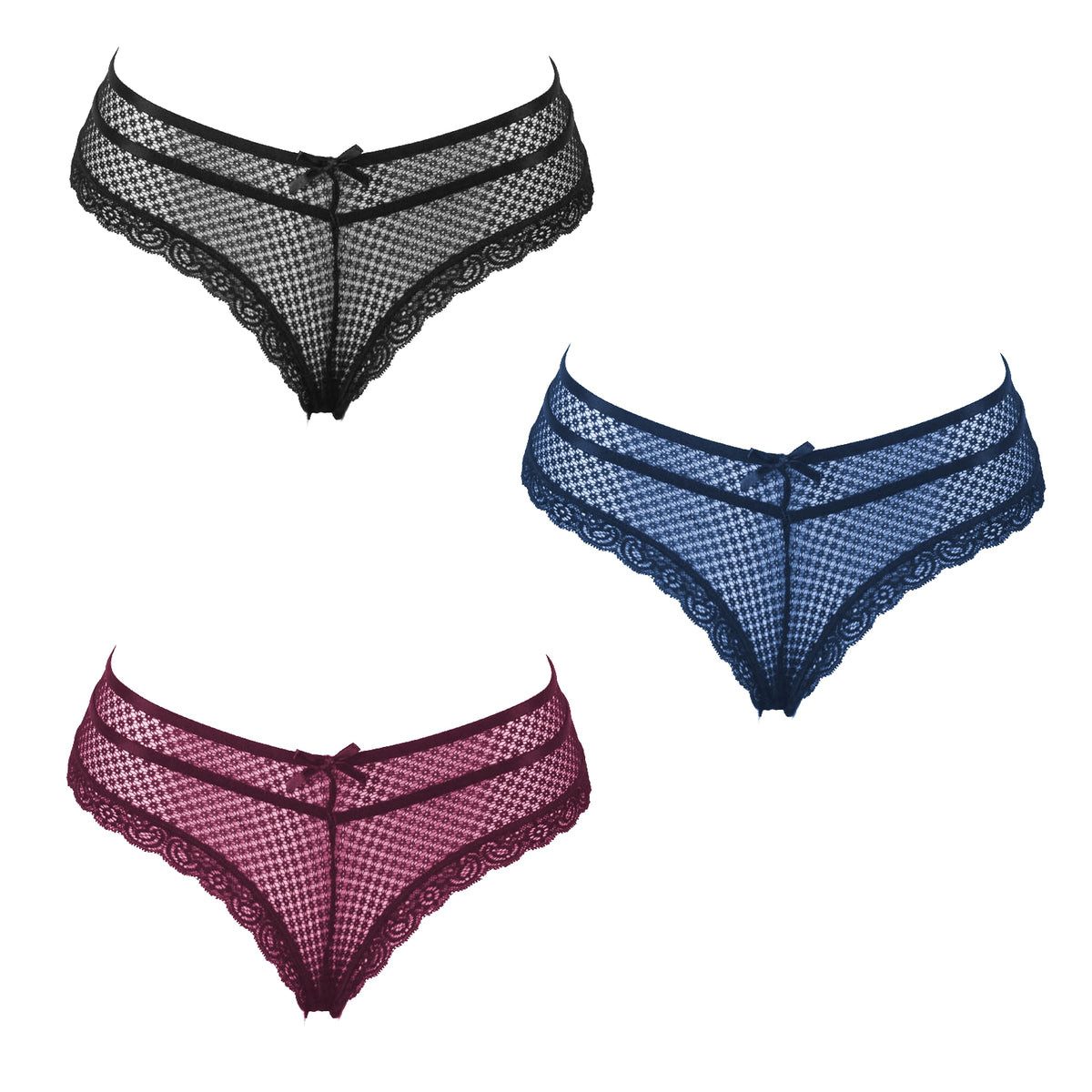 Lau-Fashion Slip 3er Set Unterhose Panty Spitze Transparent Unterwäsche Dessous S/XL
