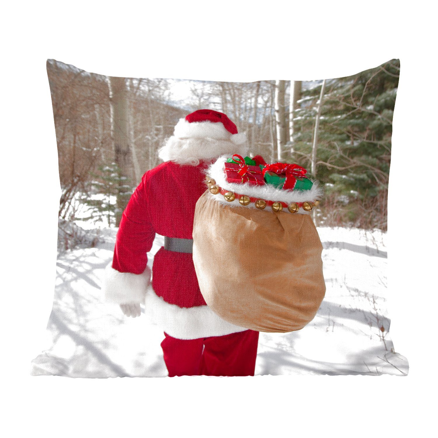 MuchoWow Dekokissen Der Weihnachtsmann geht mit einem Sack voller Weihnachtsgeschenke, Zierkissen mit Füllung für Wohzimmer, Schlafzimmer, Deko, Sofakissen