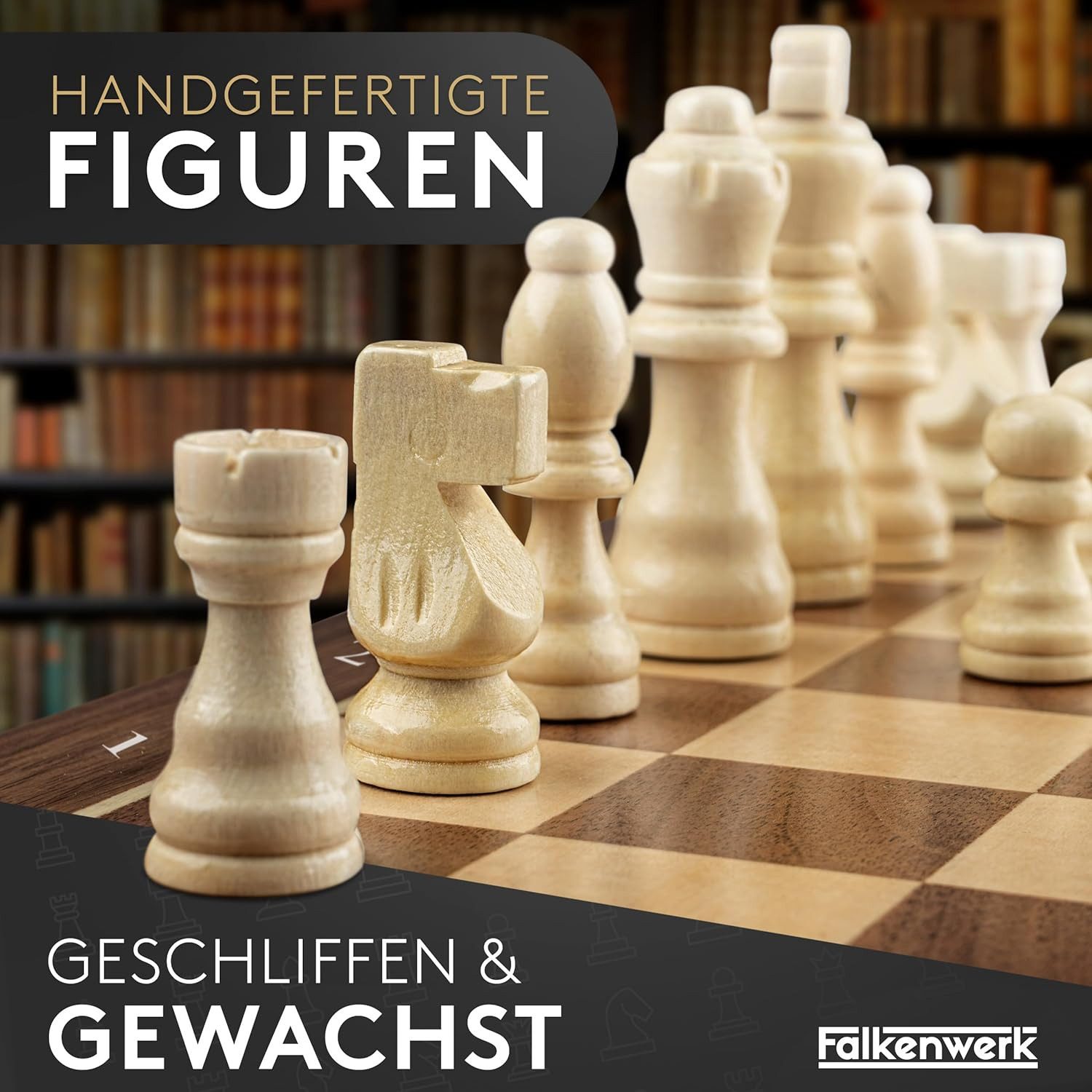 Falkenwerk Spiel magnetisches Schachspiel aus Holz [38x38 cm], Spielfiguren aus Echtholz mit Magnetfuß & Filz, Ratgeber & Tragetasche
