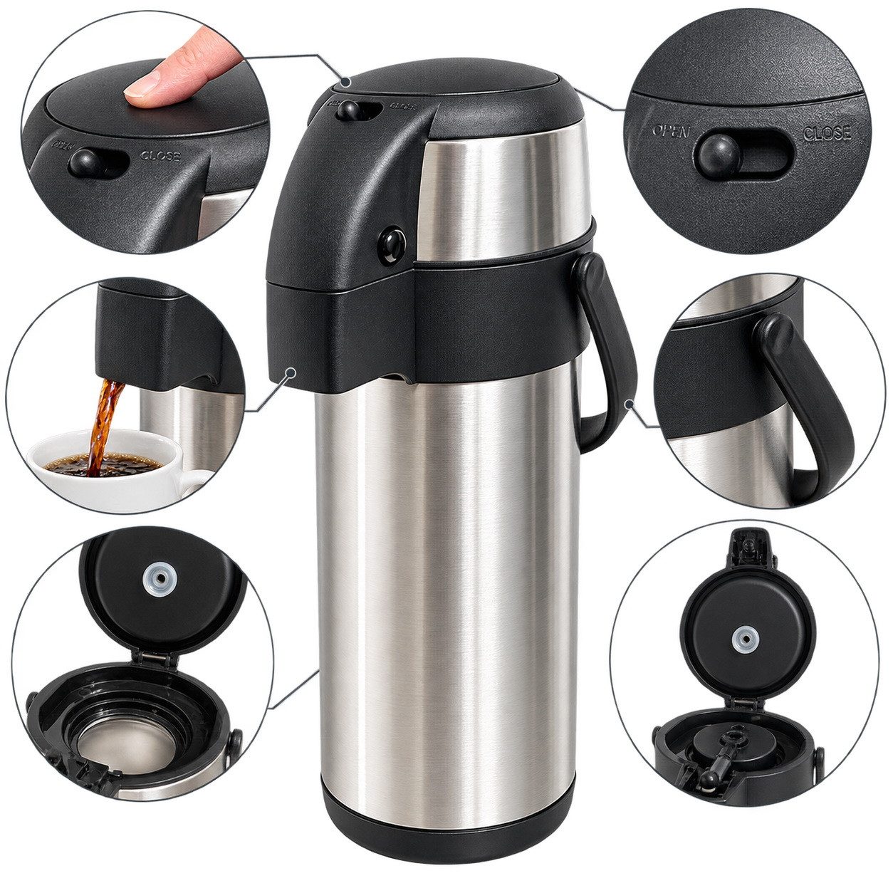 Michelino Pump-Isolierkanne Airpot Thermokanne Thermo-Pumpkanne Thermoskanne, 3 l, (doppelwandig isolierte Kanne, 3 Liter Edelstahl Isolierflasche mit Pumpfunktion), Kaffeekanne / Teekanne für leichten Ausschank