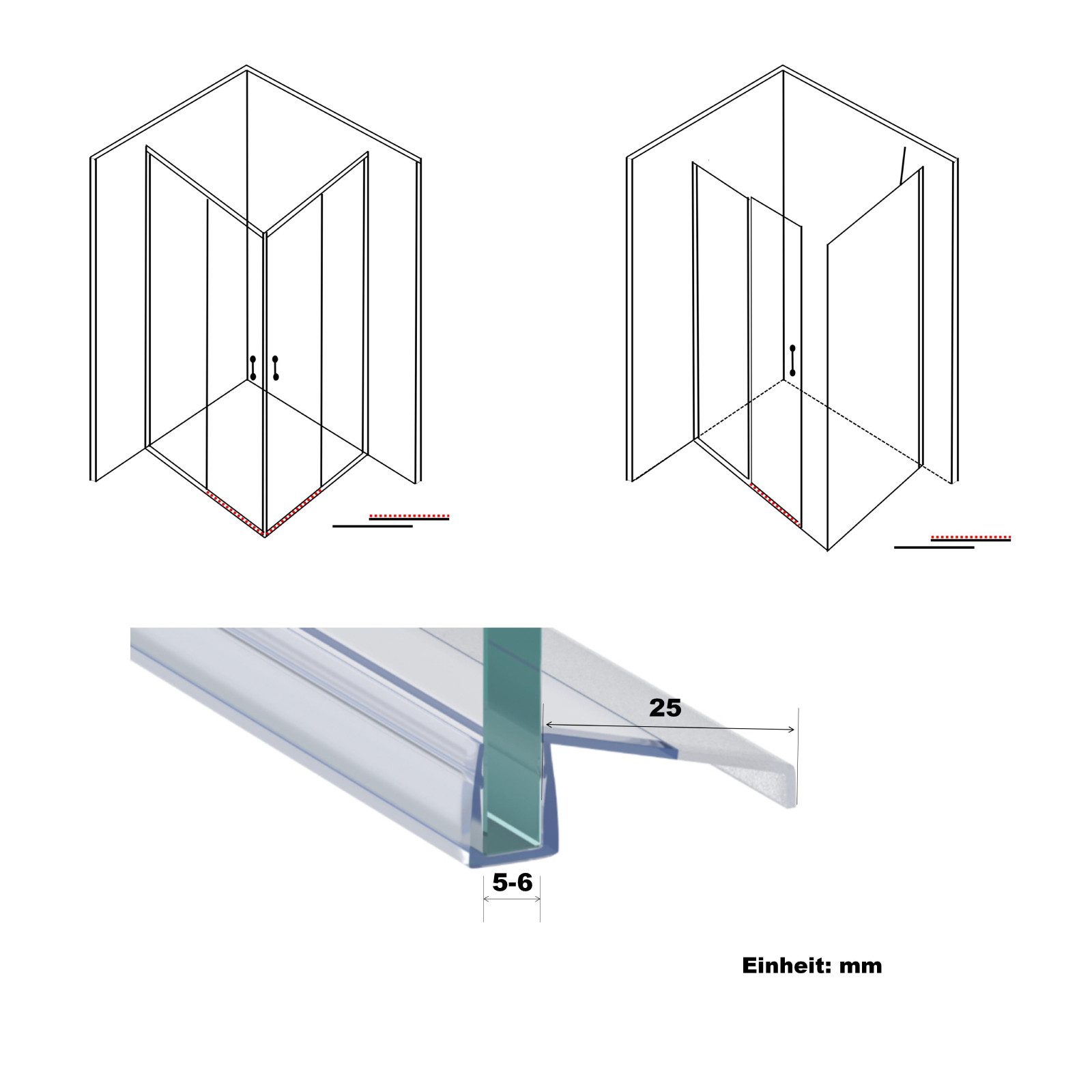 WITEN&NOCK Duschdichtung 2er Set Schiebetürdichtungen Wasserabweiser Dichtungsprofiler 5-6 mm, L: 50 cm