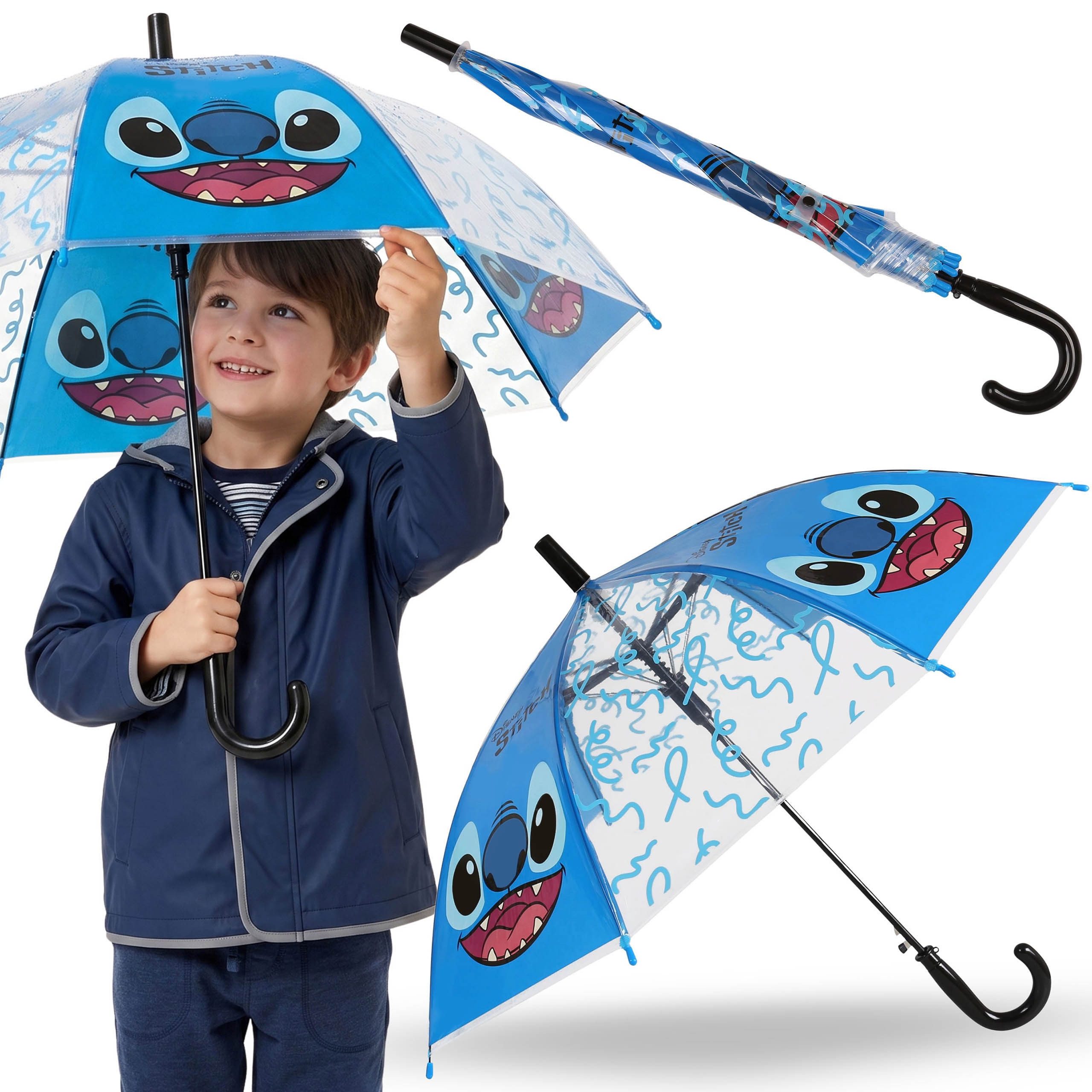 Sarcia.eu Taschenregenschirm DISNEY Stitch Blauer Kinderschirm, transparenter FALTBARER AUTOMATIK