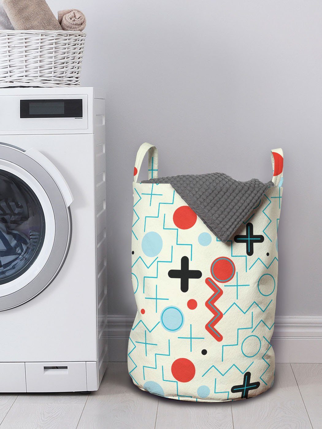 Wäschekorb für mit Wäschesäckchen Waschsalons, Kordelzugverschluss Kreis Geometrisch Abakuhaus Zickzack-Wellen Griffen