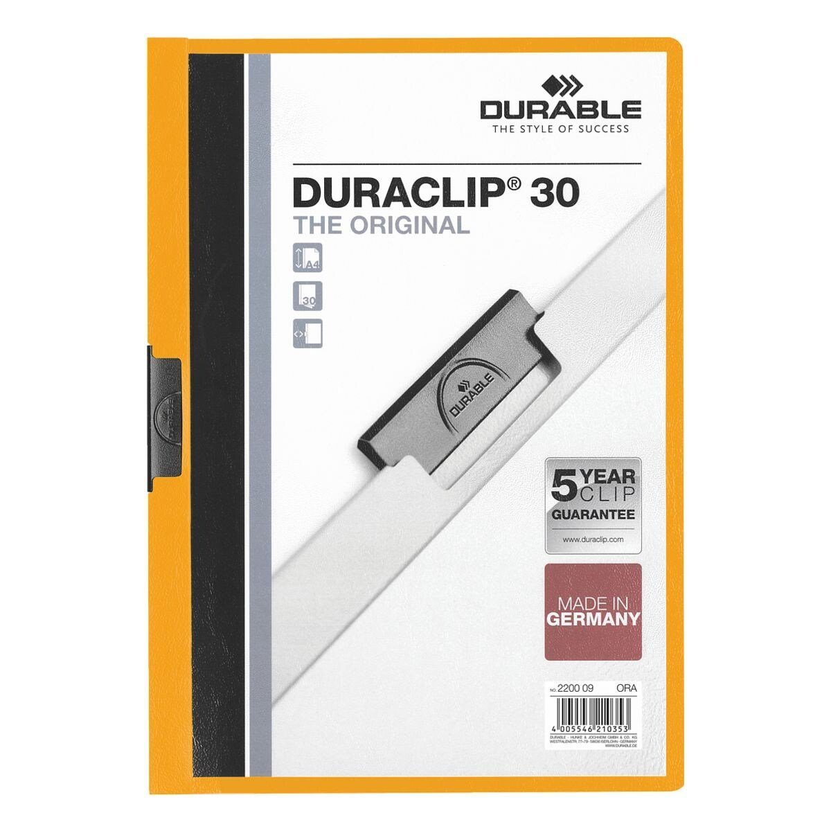 DURABLE Hefter Duraclip 30, mit Klemmfunktion, Format DIN A4, bis 30 Blatt orange