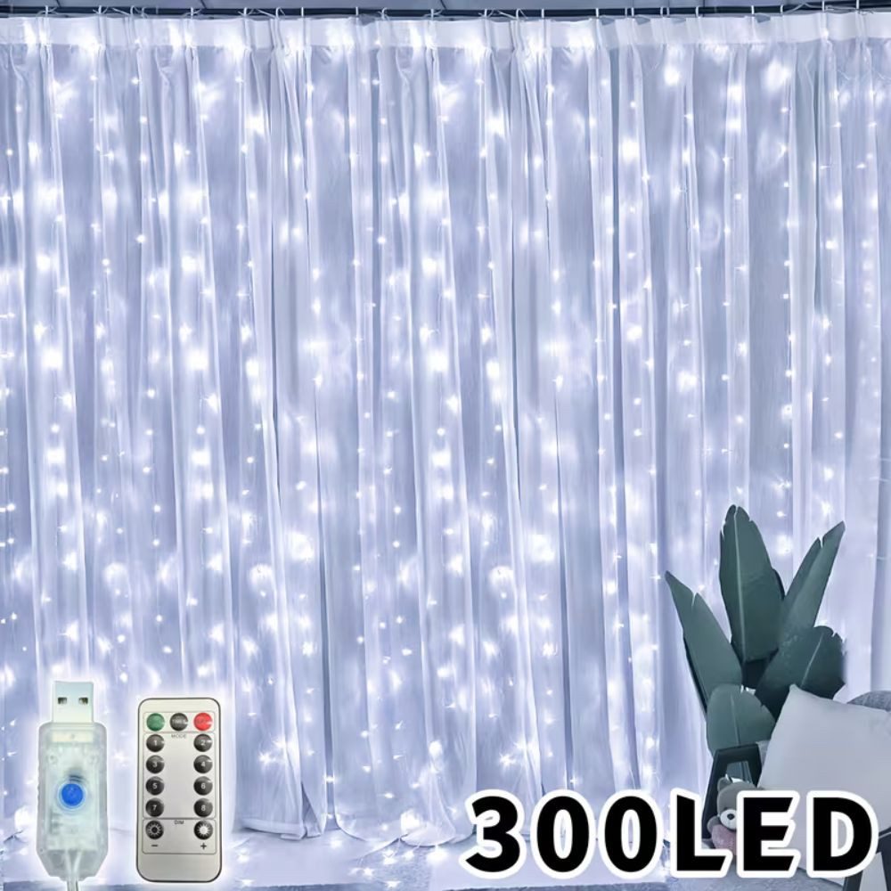 Wrischan Lichterkette Lichtervorhang 3x3m mehrfarbig USB Lichterkette Vorhang Fenster 300LED, 8 Beleuchtungsmodi, Fernbedienung, USB-betrieben, langlebig