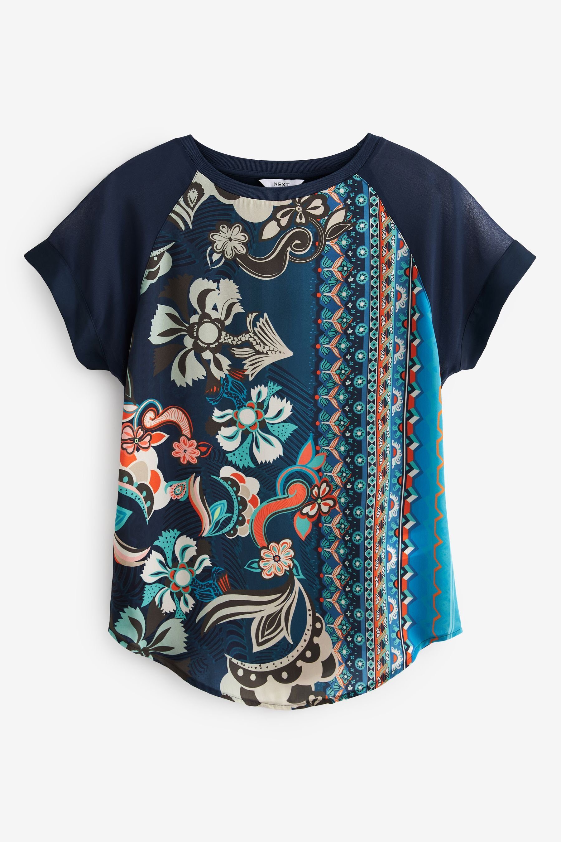 Next T-Shirt Webmix mit aus (1-tlg) Kurzärmliges Blue Floral Raglanärmeln T-Shirt