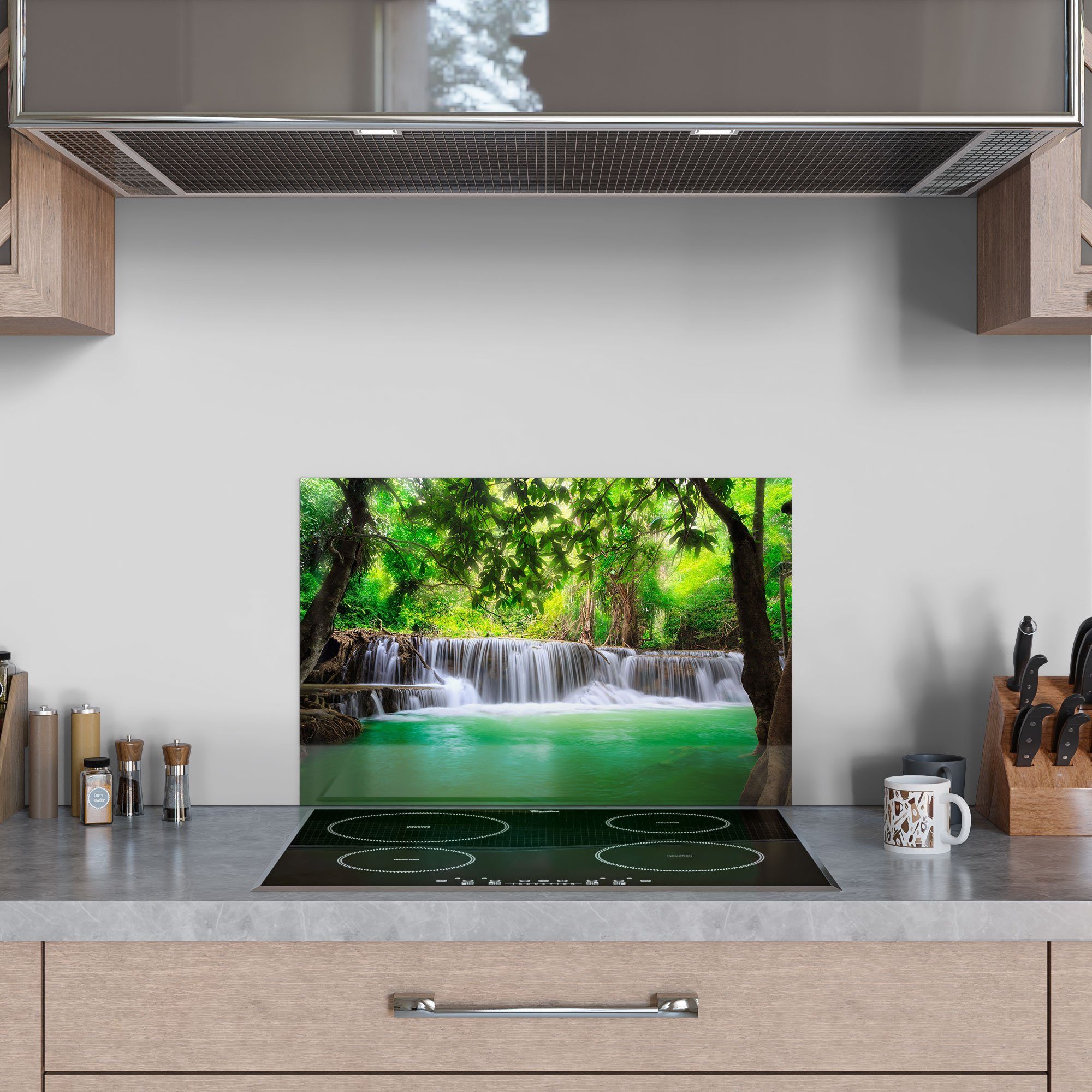 Badrückwand Küchenrückwand im Herdblende DEQORI Spritzschutz Glas Regenwald', 'Wasserfall