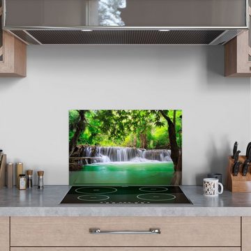 DEQORI Küchenrückwand 'Wasserfall im Regenwald', Glas Spritzschutz Badrückwand Herdblende