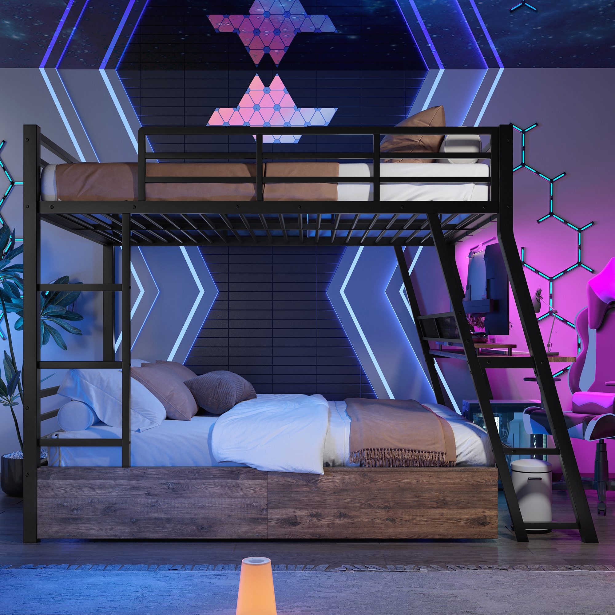 Merax Etagenbett mit LED-Beleuchtung (1-St), Metallbett Hochbett 140x200cm mit Schreibtisch Schubladen und Geländer – Bild 3 von 5