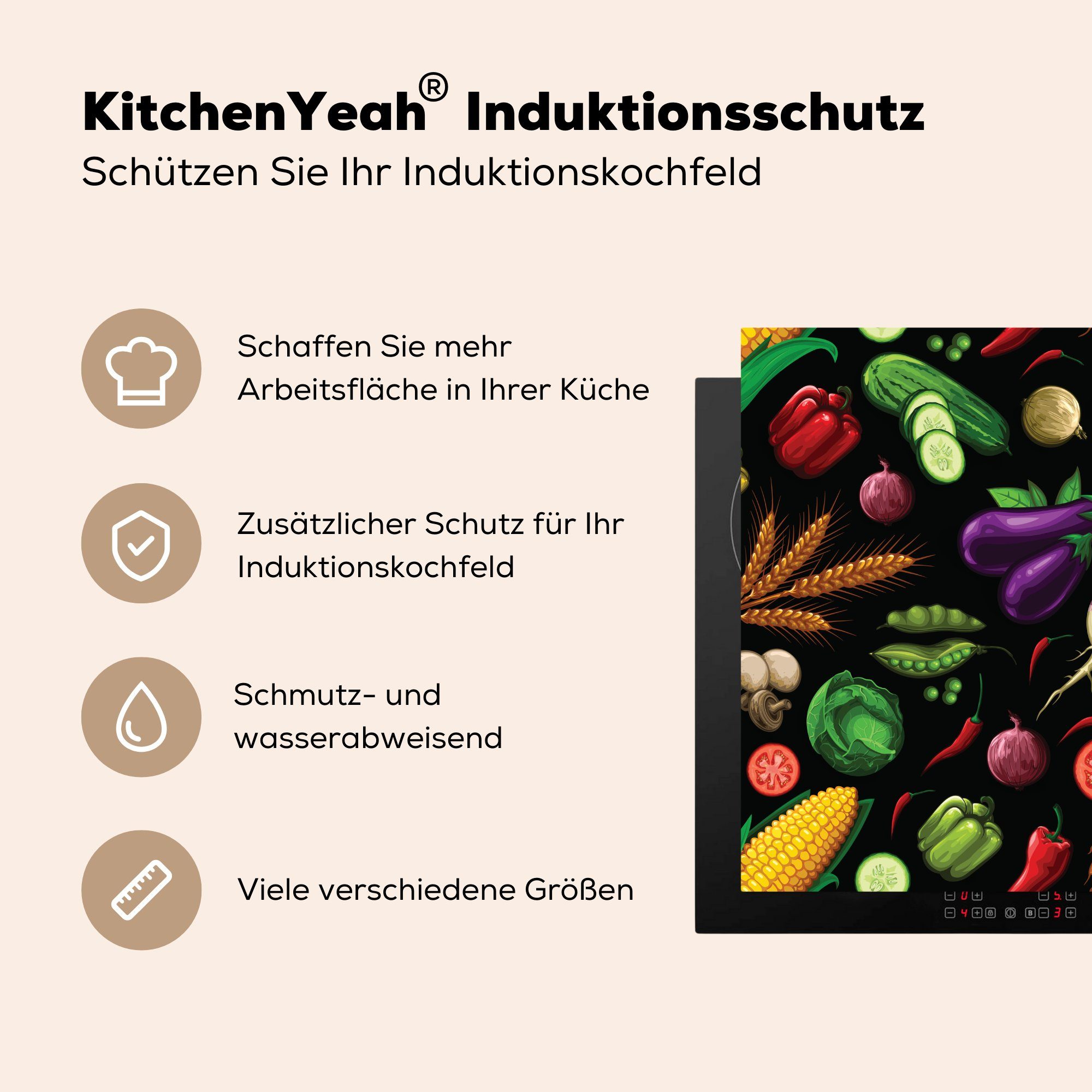 Herdblende-/Abdeckplatte Design 78x78 cm, Arbeitsplatte - (1 MuchoWow Ceranfeldabdeckung, Vinyl, für küche - tlg), Schwarz, Gemüse