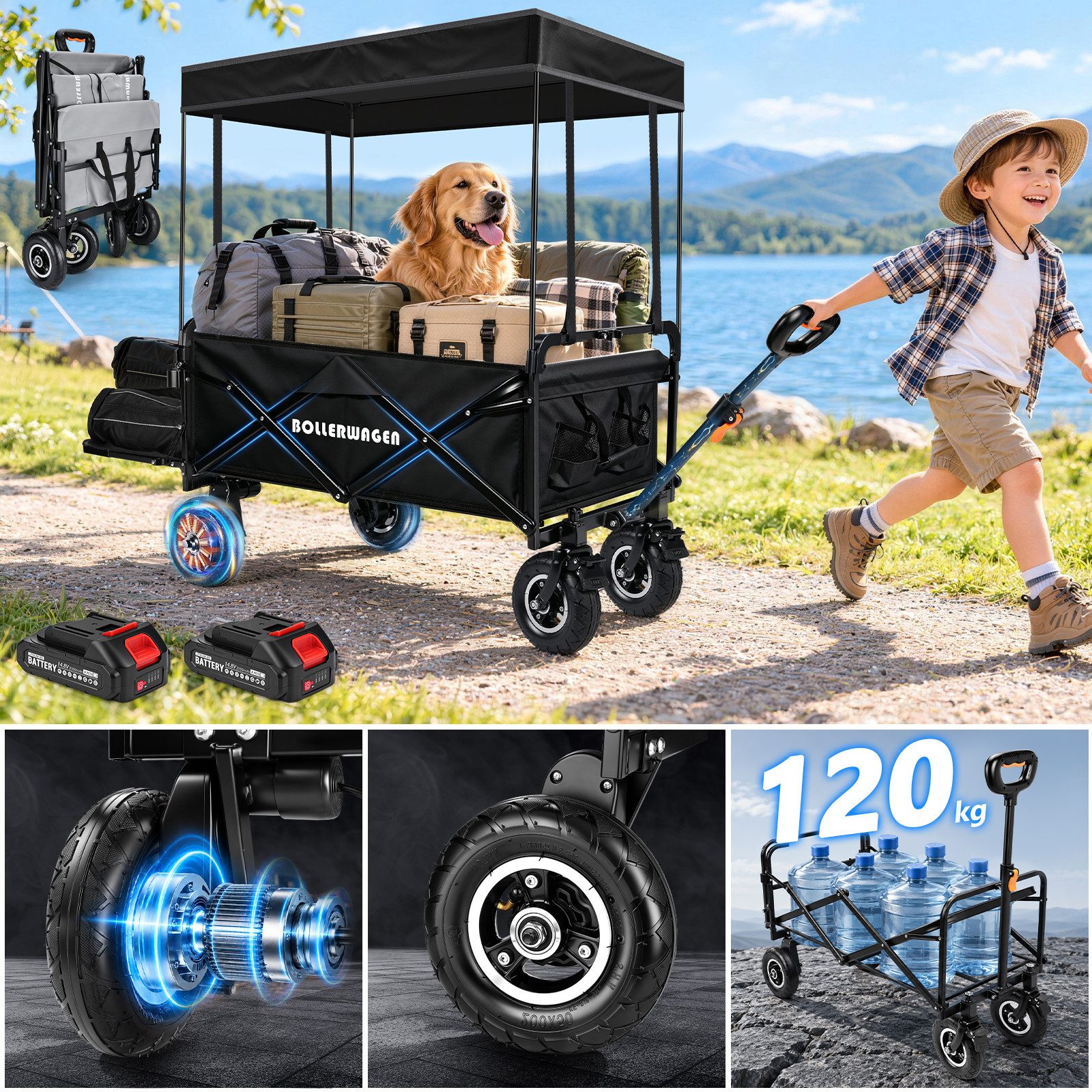 XERSEK Bollerwagen Akku Campingwagen mit Schutzdach Luftrad Faltbar Handwagen mit 2×2,0AH (240L / 120KG / 116×58×55cm / Griff 68-100cm), für Makita Akku, für Camping, Garten, Strand, Einkaufen