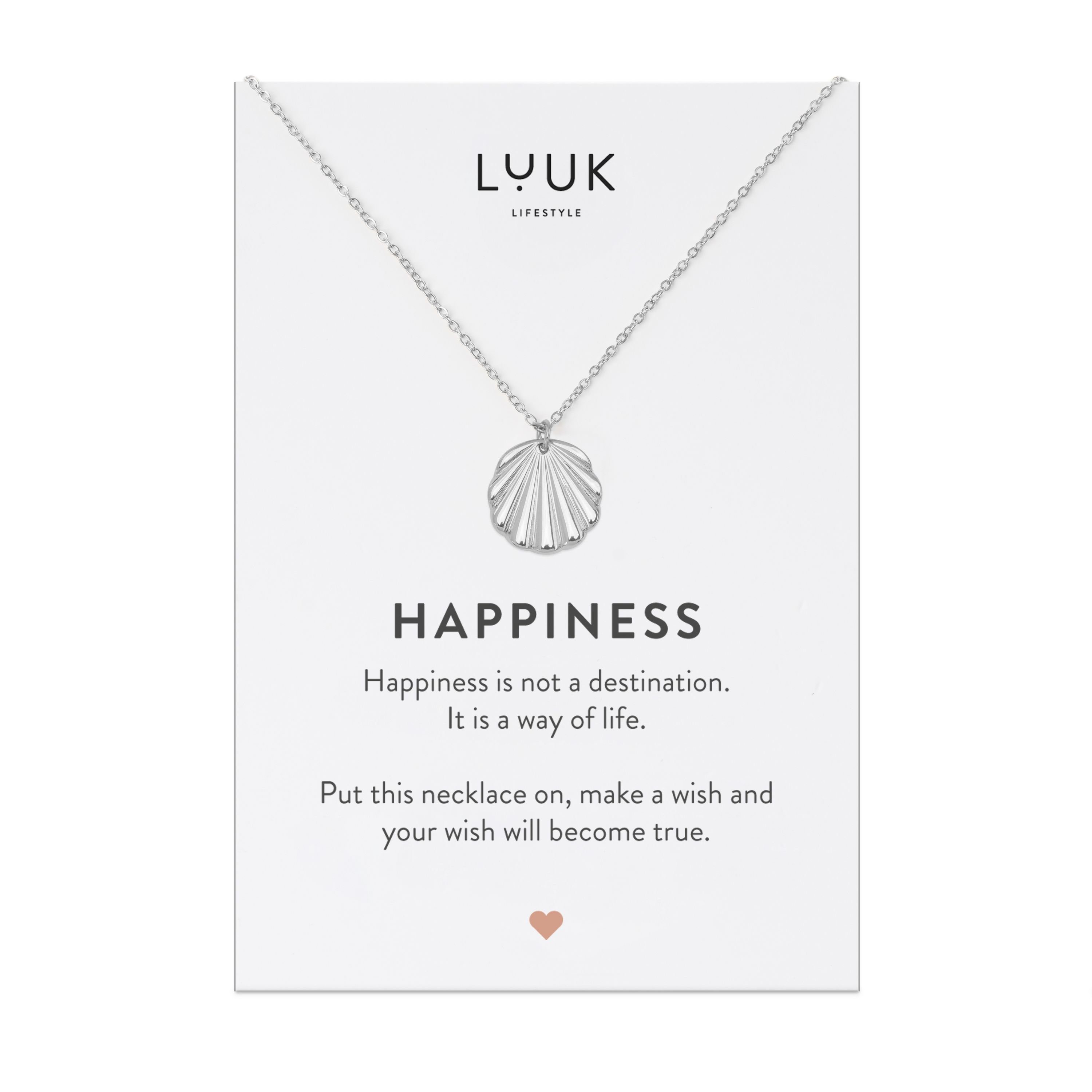 LUUK LIFESTYLE Kette mit Anhänger Muschel, HAPPINESS Geschenkkarte, Geschenkidee Silber | Ketten mit Anhänger