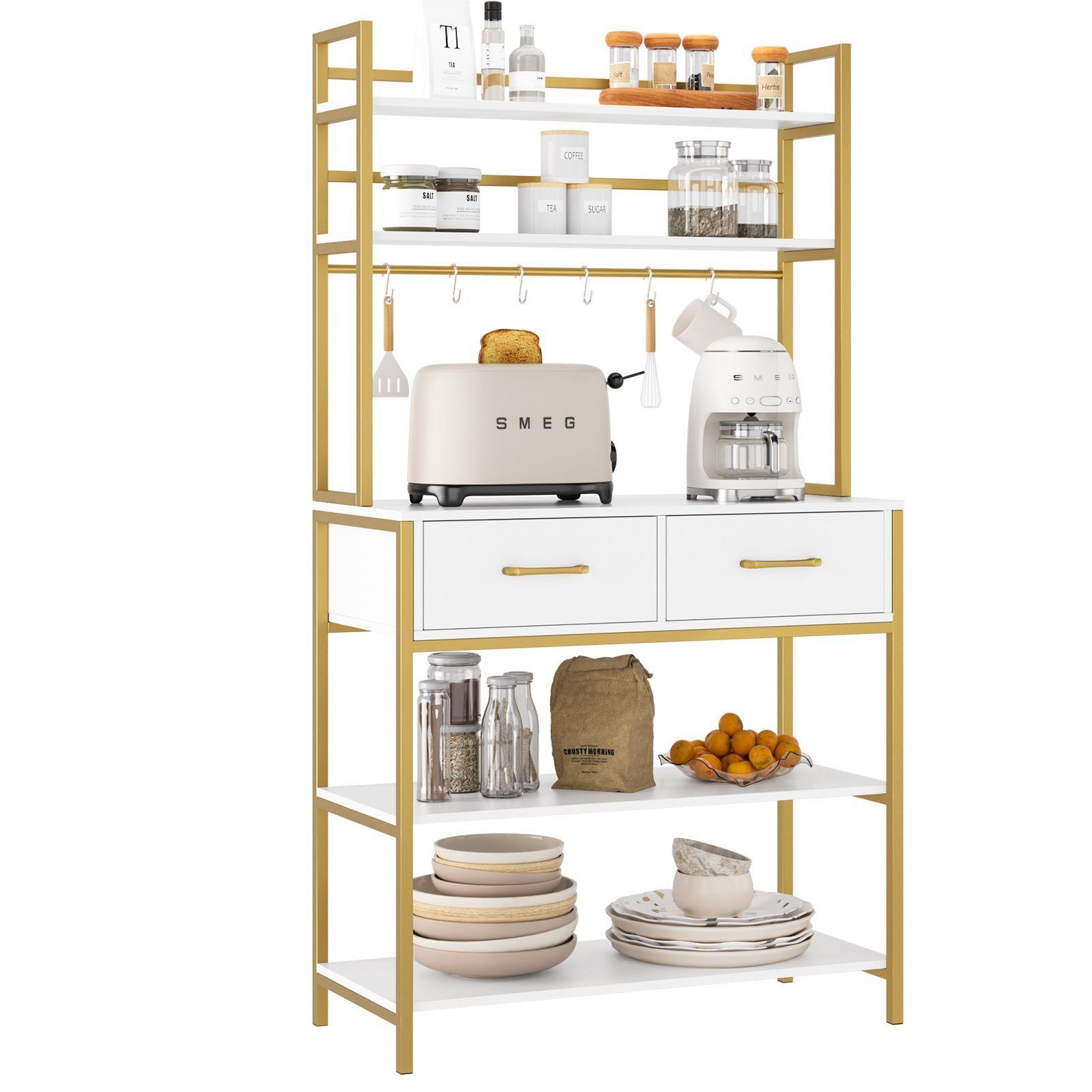 HOMECHO Küchenregal, Standregal mit 5 Ablagen und 2 Schubladen Bäckerrega günstig online kaufen