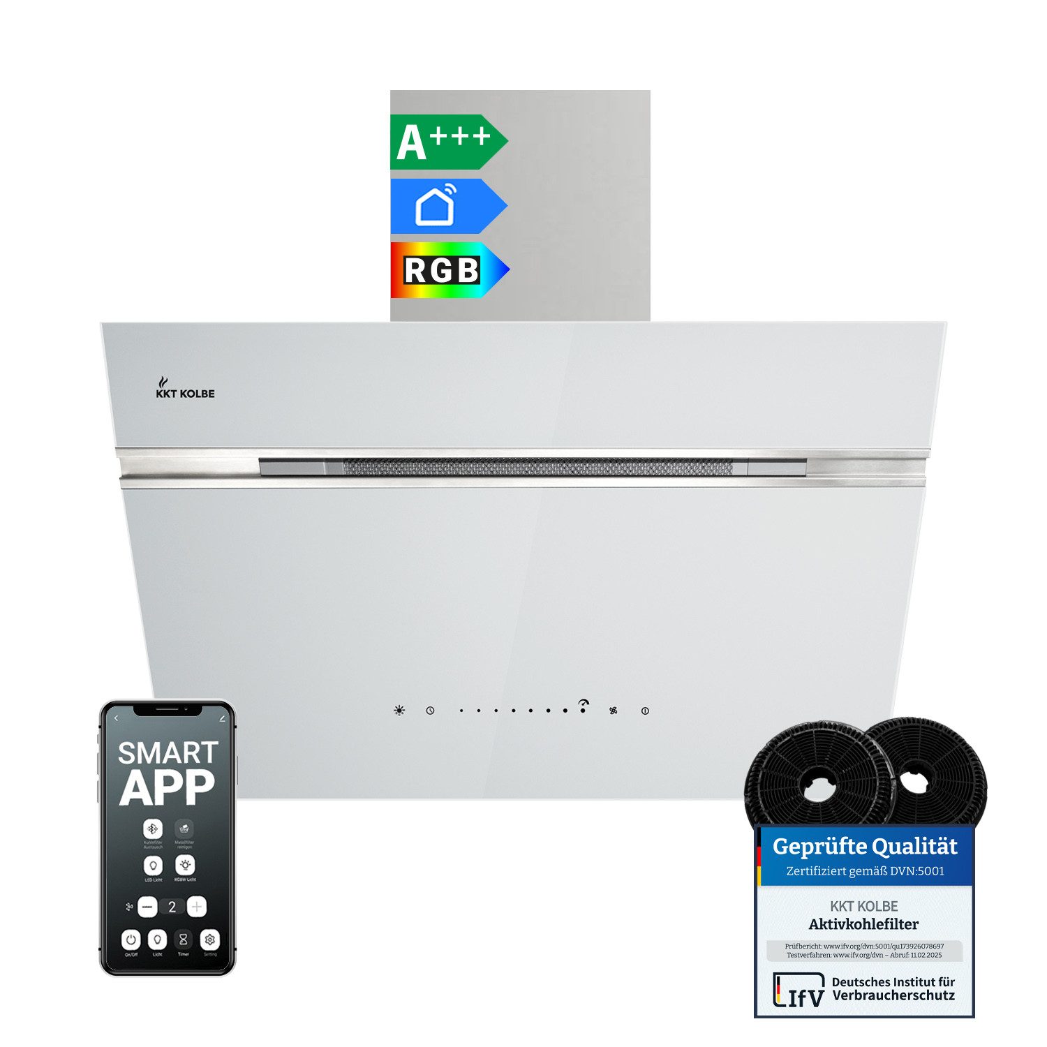 KKT KOLBE Wandhaube Dunstabzugshaube 60cm AURORA6005WED RGBW Ambientebeleuchtung Dunstabzugshaube 60cm AURORA6005WED RGBW Ambientebeleuchtung, Kopffreihaube / Umluft / Abluft / Smart WiFi-App / Weiß / Glas