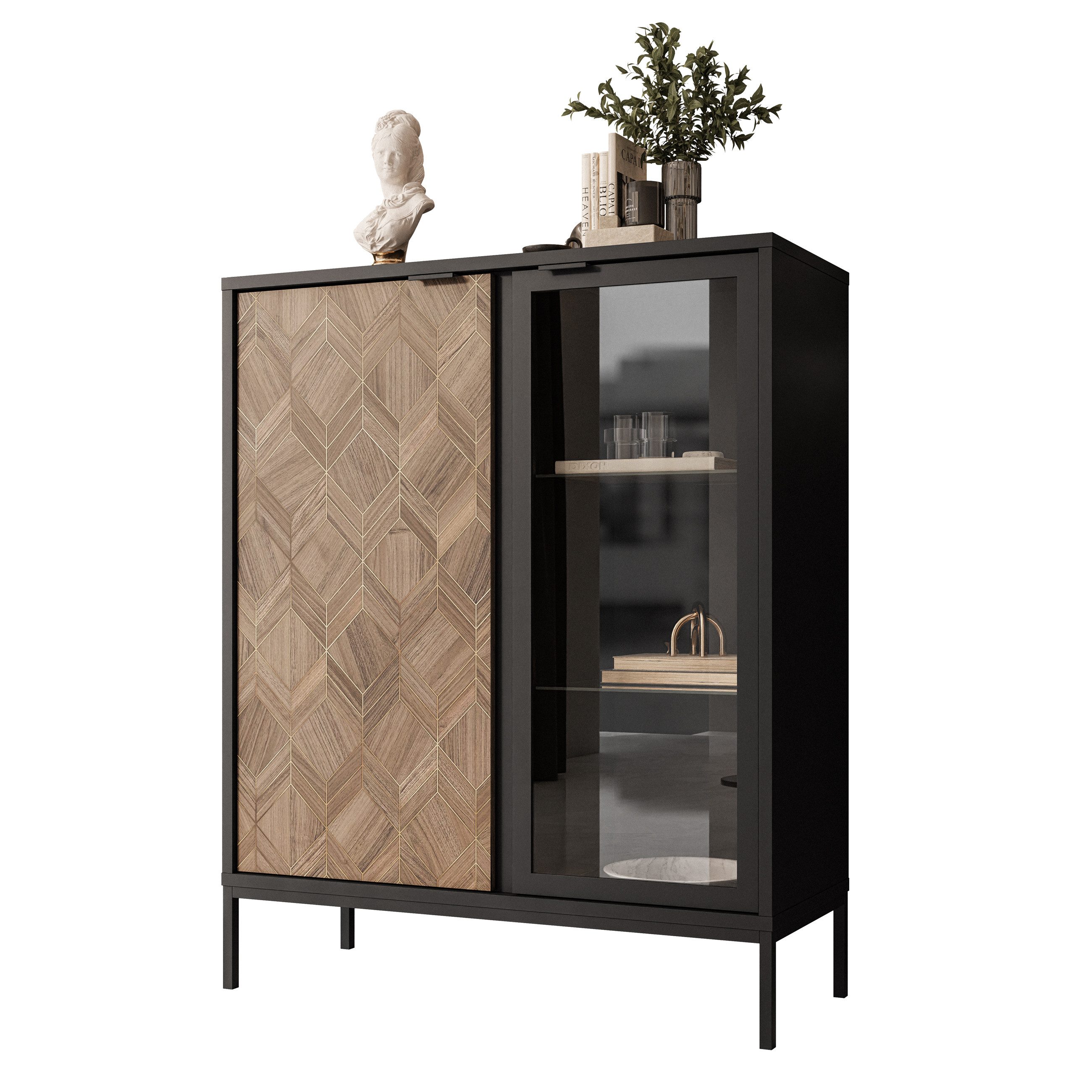 Lookway Standvitrine LIAM Vitrine mit zwei Türen und Beleuchtung Breite: 185 cm, Höhe: 83 cm, Tiefe: 49 cm.