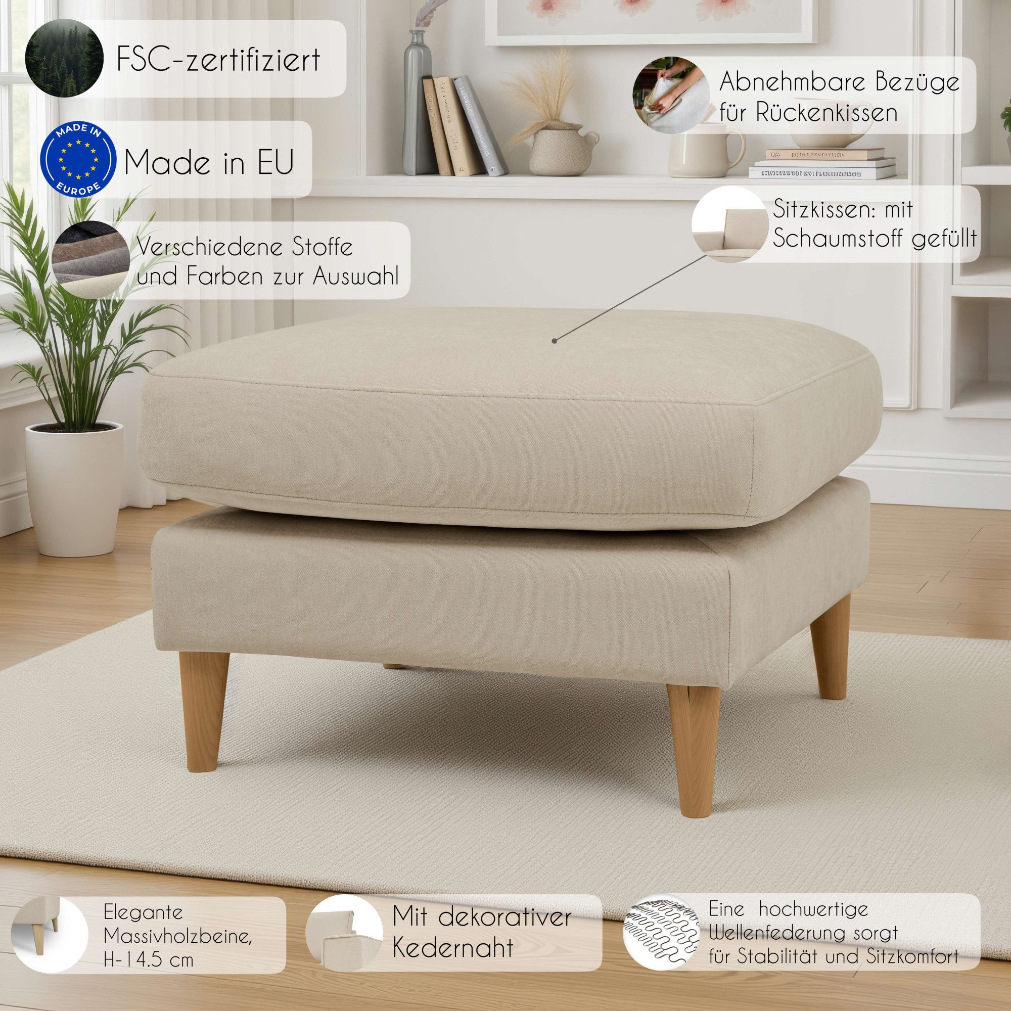 OTTO home Pouf Finnian, Polsterhocker 70x70 cm, Chenille, Massivholzfüße