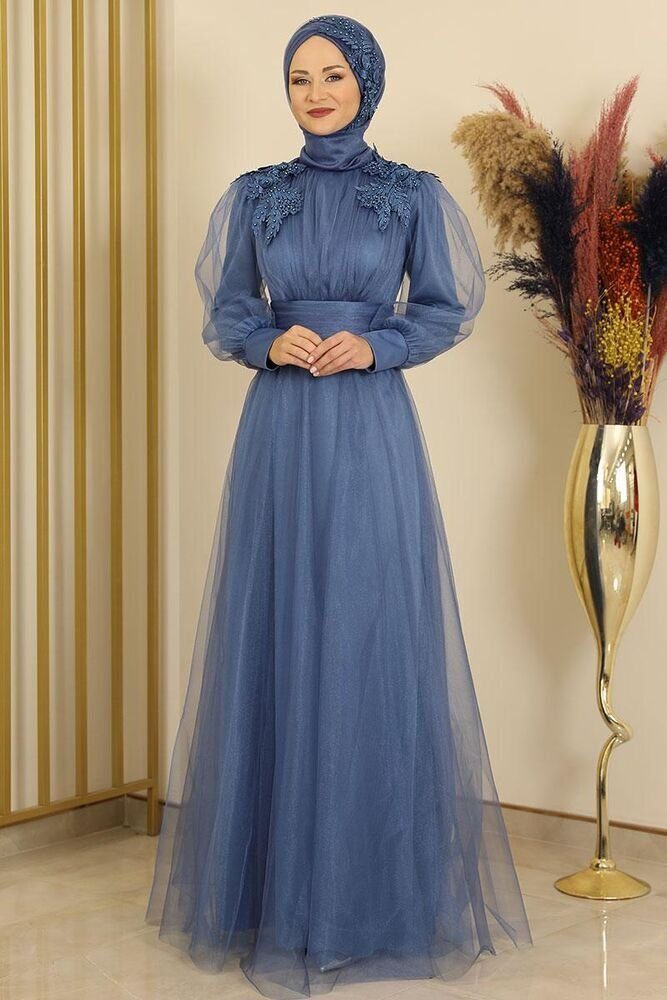 Modavitrini Tüllkleid Abendkleid mit Blumen Guipure-Details Abiye Abaya Hijab Kleid Indigo Blau