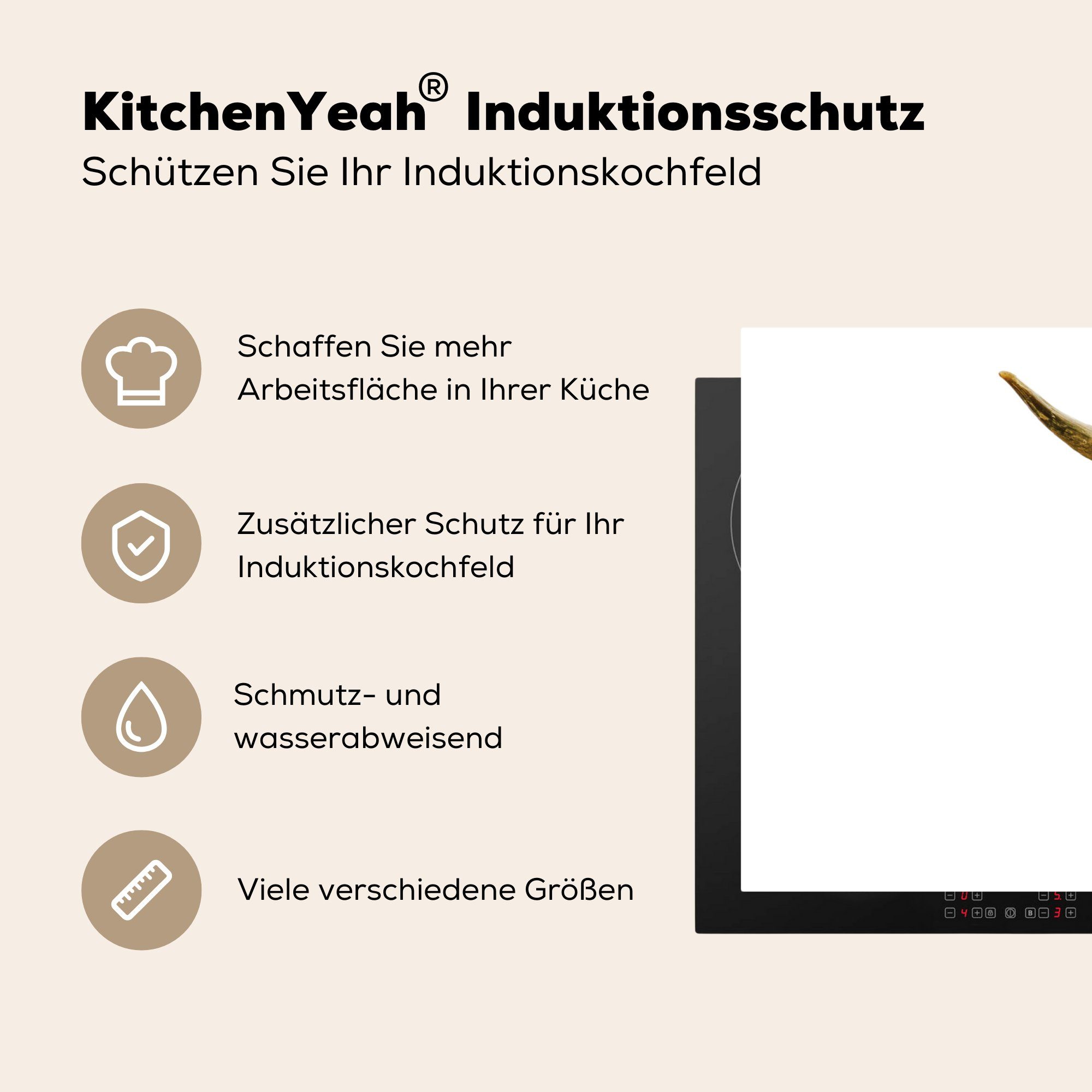 küche, 81x52 Vinyl, Ceranfeldabdeckung Herdblende-/Abdeckplatte die MuchoWow für cm, Weiß - tlg), Schutz Gold, - Induktionskochfeld Scottish Highlander (1 Schwarz &