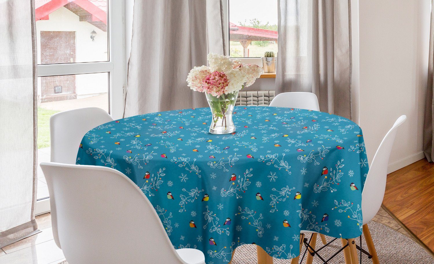 Abakuhaus Abdeckung Küche Esszimmer Bunte Schnee-Flocken Winter Tischdecke Vögel Dekoration, Tischdecke Kreis für
