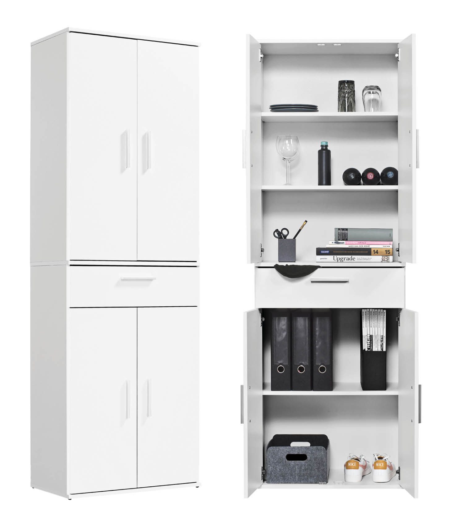 mokebo Mehrzweckschrank Der Praktische (60x180 cm, mit Schublade) Büroschrank, Flurschrank, Aktenschrank oder Apothekerschrank in Weiß