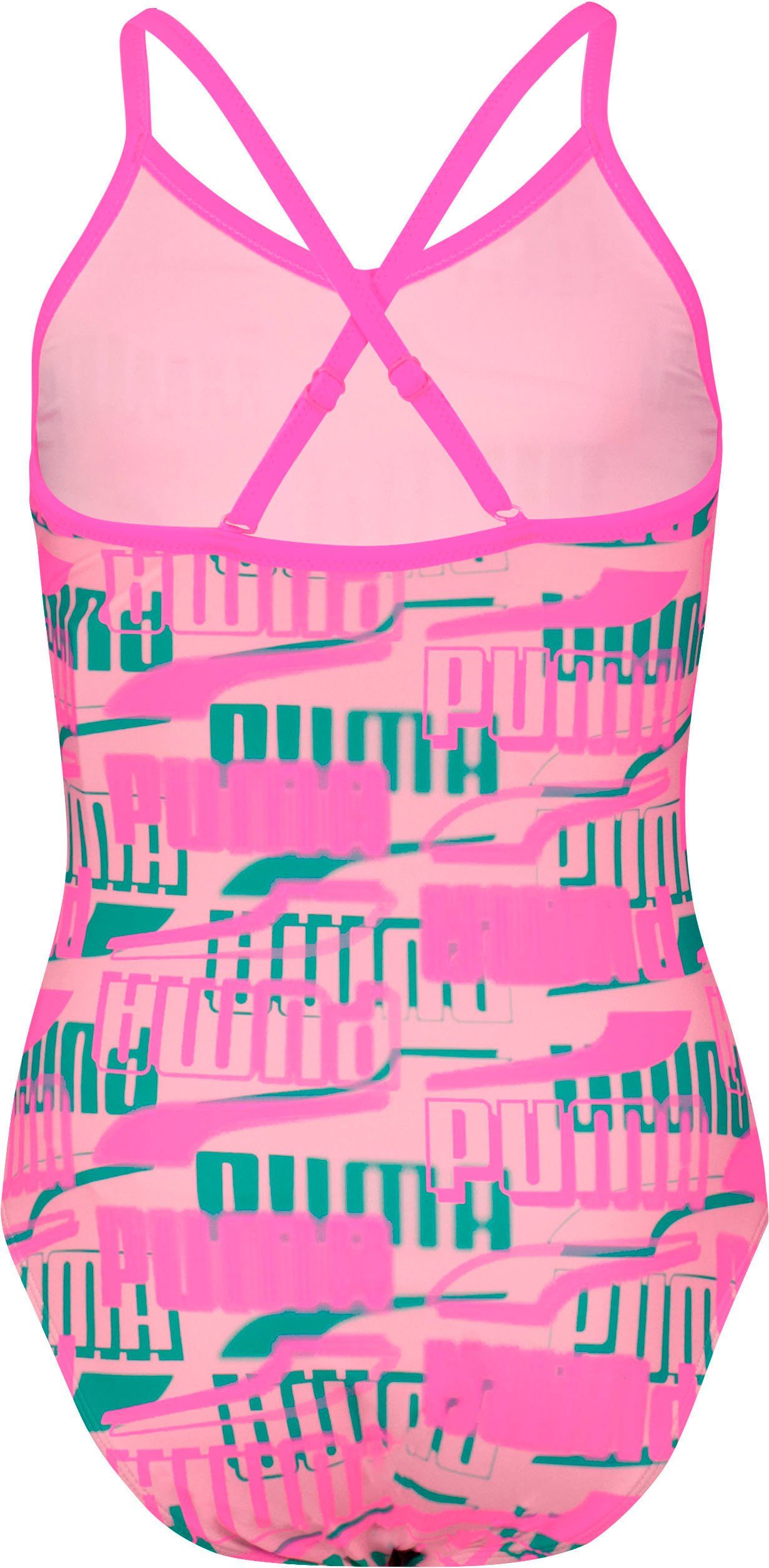 Mädchen-Schwimmanzug Badeanzug Logoprint PUMA allover pink-combo mit