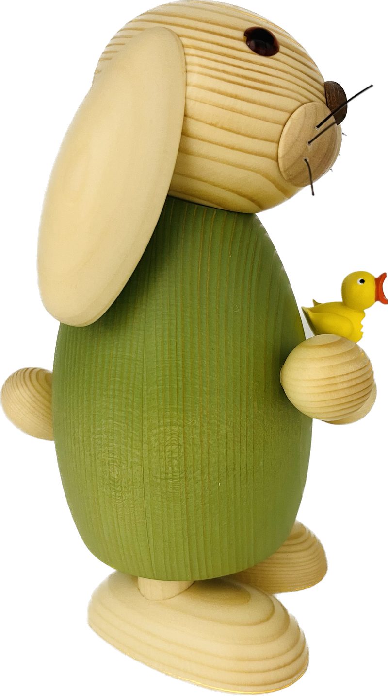 Richard Glaesser Osterhase grün mit Küken (25 cm), Hase aus Holz, Handwerkskunst aus dem Erzgebirge