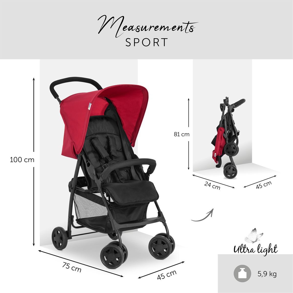 Hauck Sportbuggy Sport - Red, Reisebuggy nur 5,9 kg mit Liegeposition, Einhand-Faltung & Zubehör