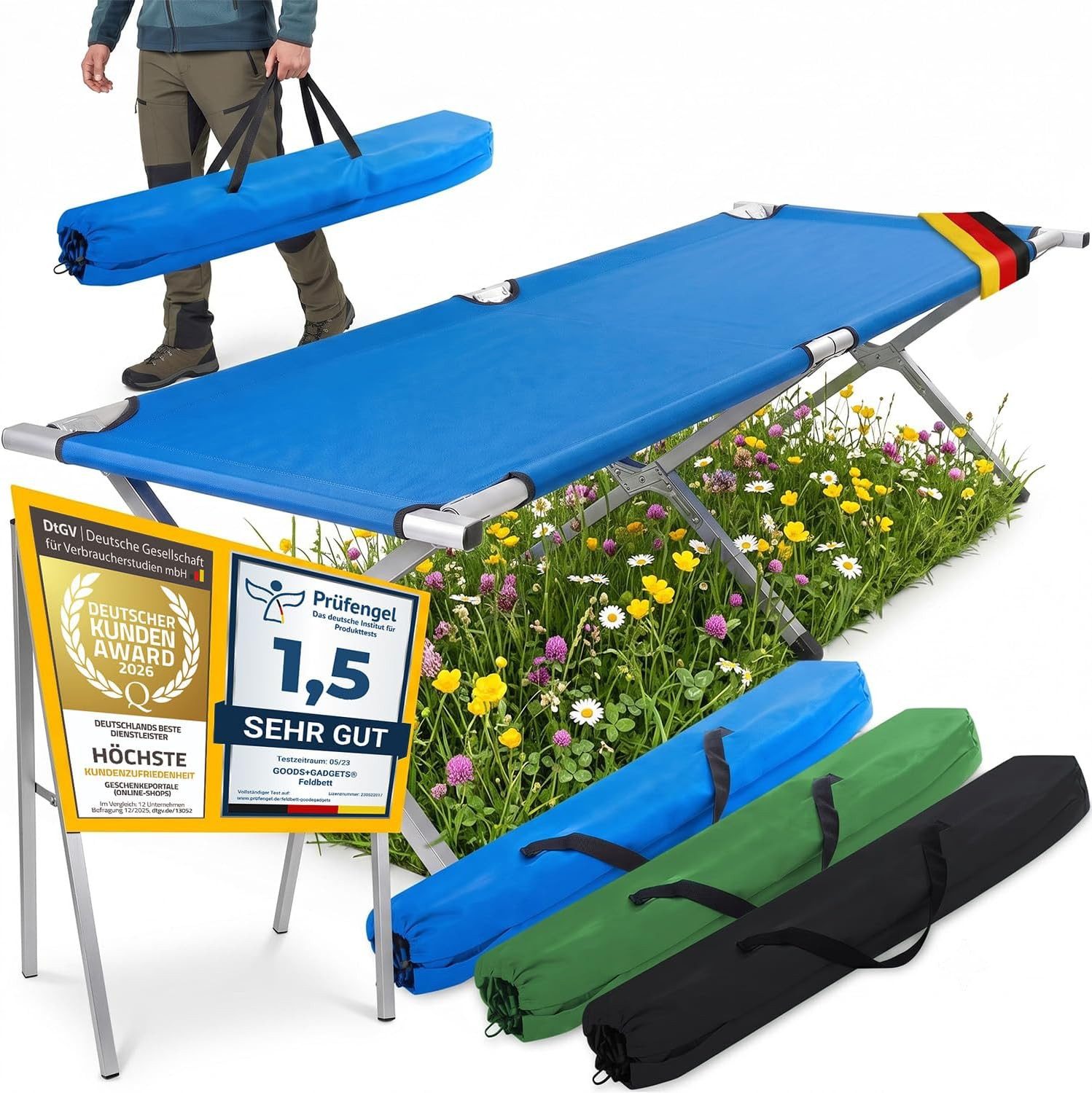 Goods+Gadgets Feldbett Faltbares Aluminium-Feldbett – Robust & Leicht für Camping & Gästebett (Campingbett, Klappbett) Gästebett aus Aluminium
