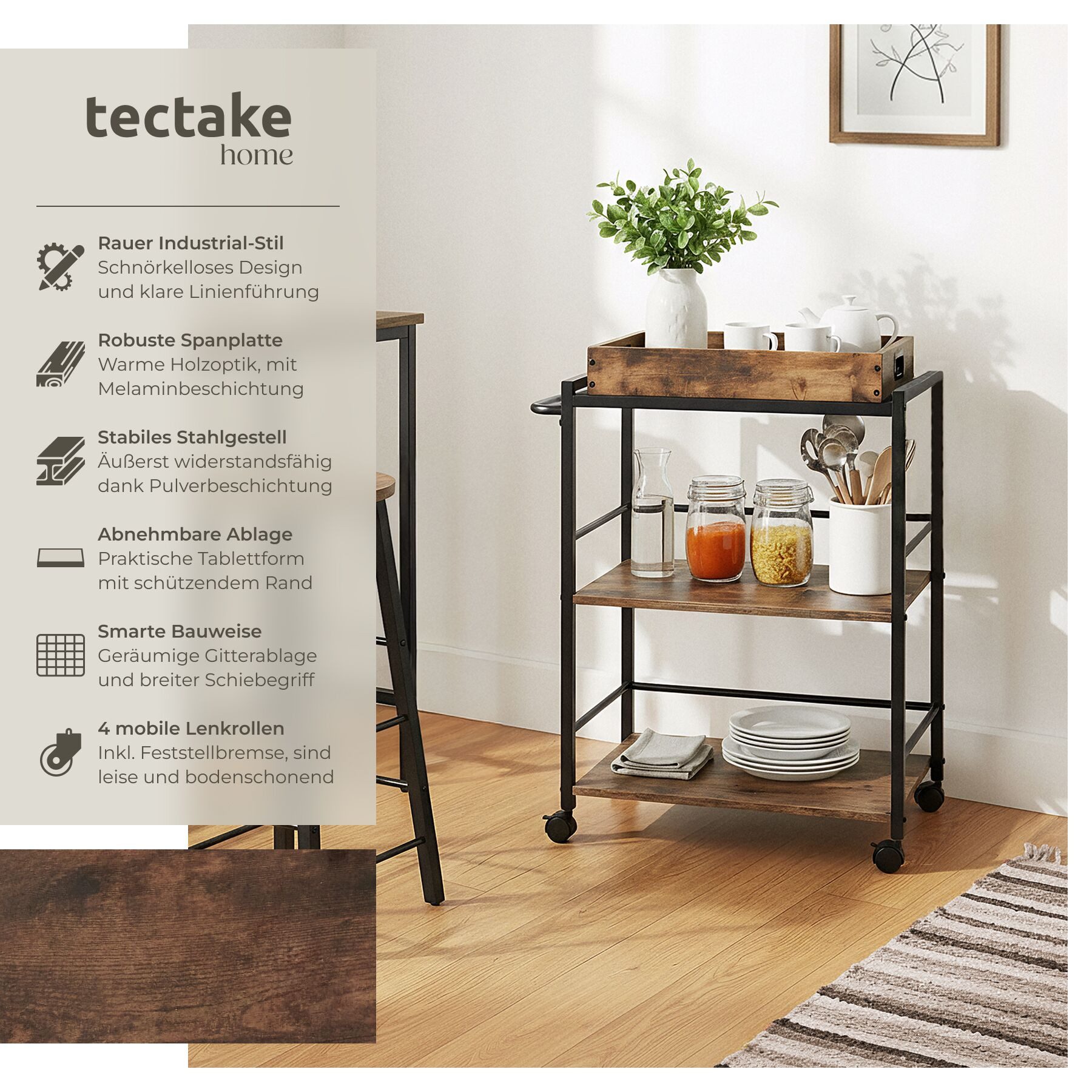 tectake Servierwagen Küchenwagen Worcester 65x41,5x87cm, Industrial Style