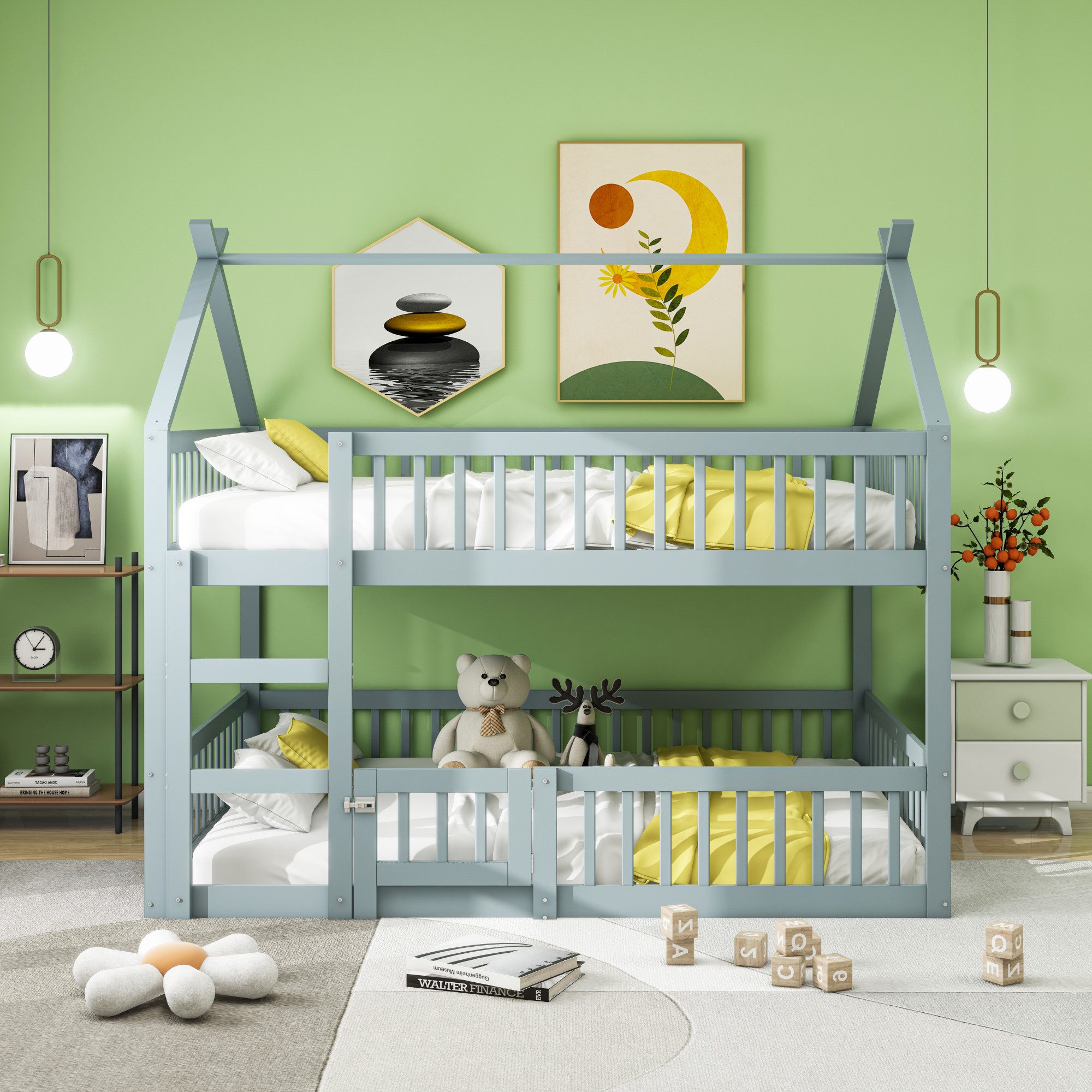 MODFU Etagenbett Kinderhochbett mit hoher Absturzsicherung (Spielbett mit Tür, Hochbett, 140x200 cm), ohne Matratze