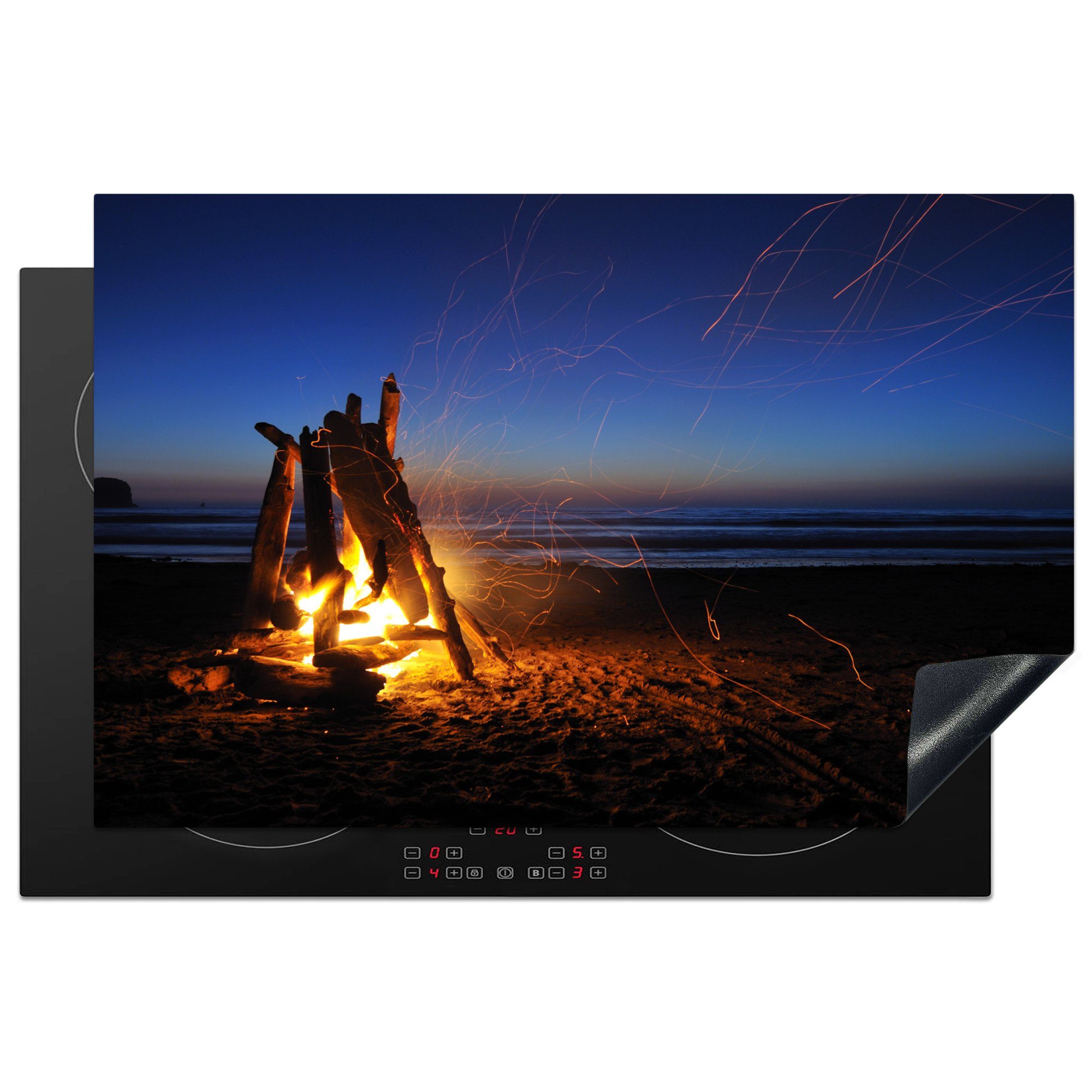 MuchoWow Herdblende-/Abdeckplatte Lagerfeuer an einem Strand im Bundesstaat Washington, Vinyl, (1 tlg), 81x52 cm, Induktionskochfeld Schutz für die küche, Ceranfeldabdeckung