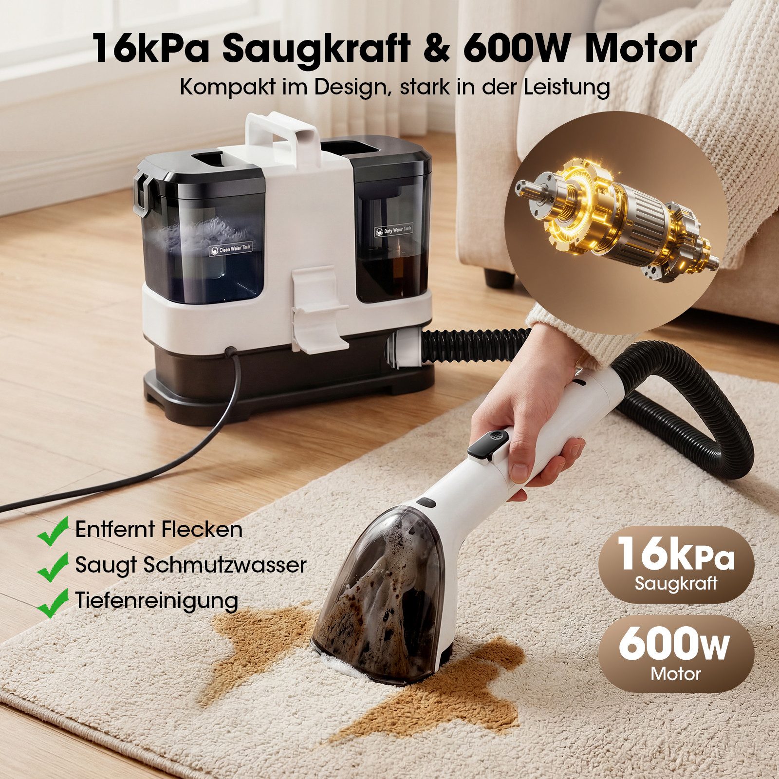 lubluelu Teppichreinigungsgerät V2 Teppichreiniger Waschsauger mit Heizfunktion Fleckenreiniger, 600 W, beutellos, mit 16000pa Saugkraft, für Sofas, Teppiche und Autositze