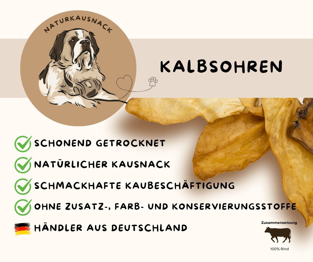 Warnick´s Tierfutterservice Kalbsohren ohne Muscheln - luftgetrockneter, natürlicher Kausnack 50 Stück, Snack für: Hunde