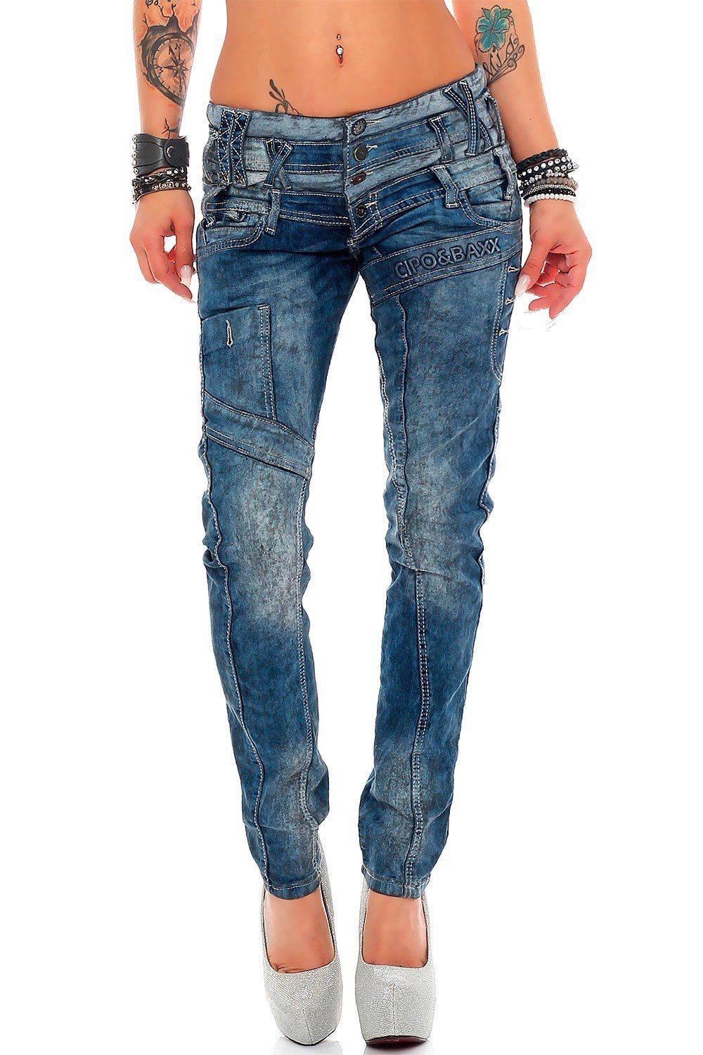Cipo & Baxx Slim-fit-Jeans Low Waist Hose BA-WD245 mit Ziernähten und Markenlogo Stonewashed