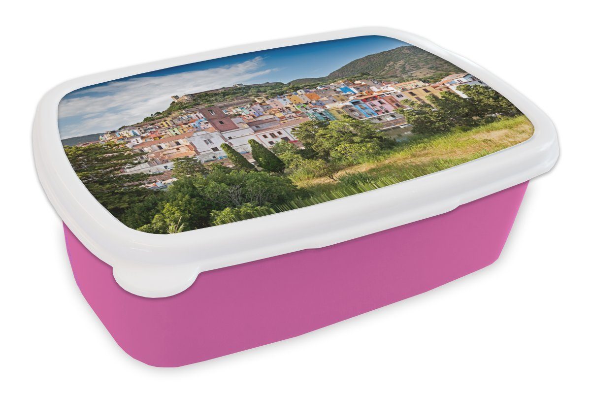MuchoWow Lunchbox Der Blick auf die bunte Stadt auf Sardinien, Kunststoff, (2-tlg), Brotbox für Erwachsene, Brotdose Kinder, Snackbox, Mädchen, Kunststoff rosa