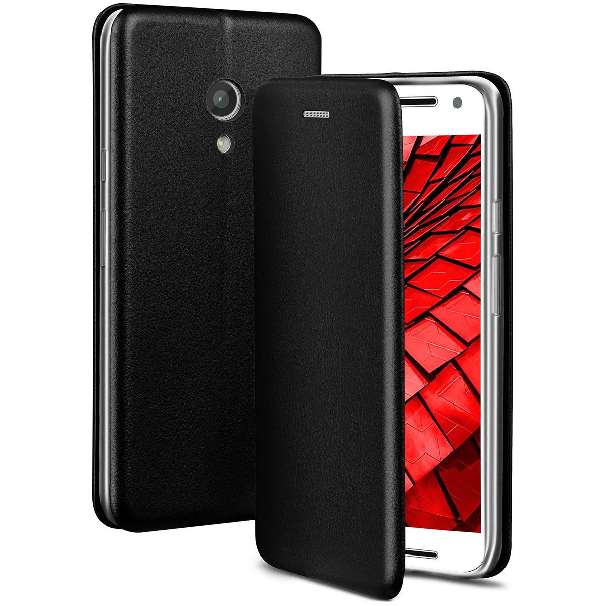 ONEFLOW Handyhülle für Motorola Moto G2 Premium Hülle Business Cover Schwarz 5 Zoll, 360 Grad Schutzhülle Flip Case Etui Klapphülle Dünn Leder Handy Tasche