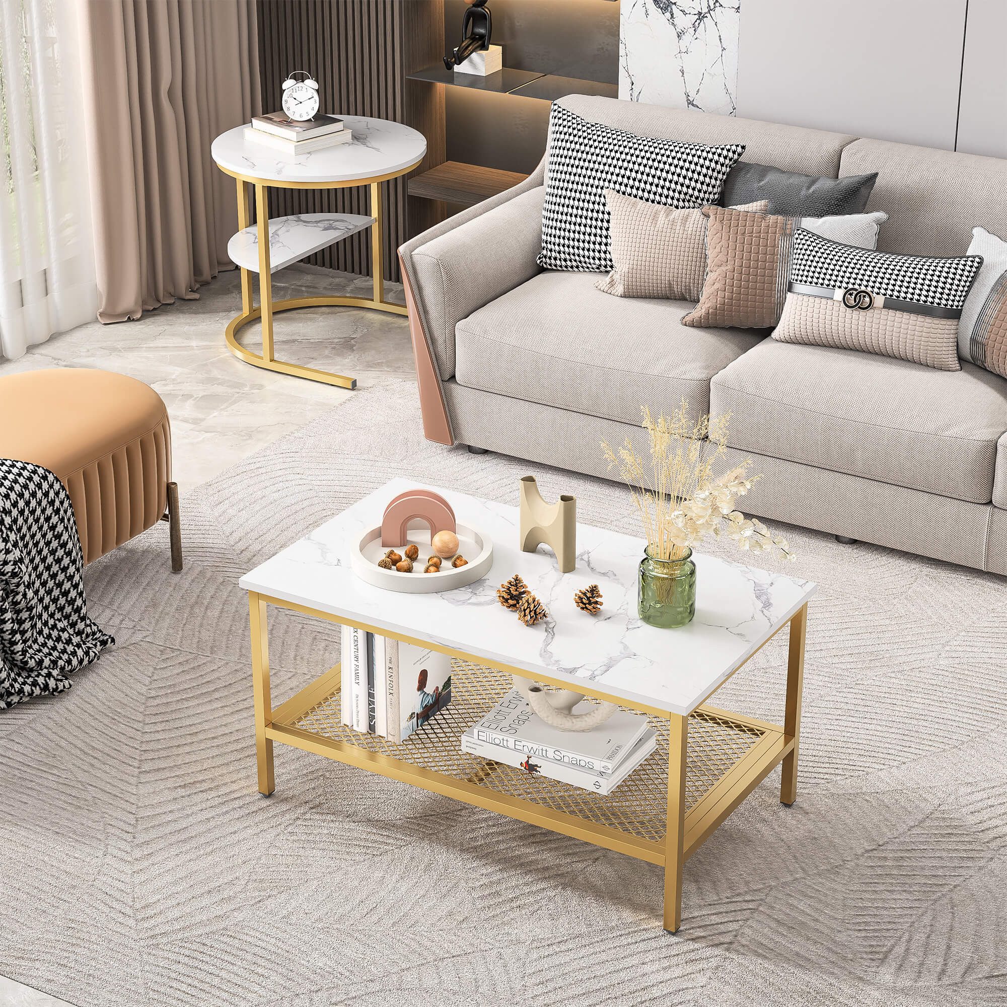 Furnishings Home Couchtisch 2er-Set Runde + Rechteck Beistelltische aus Holz & Metall (2-St., 2-St, 80x46x41 cm + 52x51 cm), Moderne Kaffeetische für Wohnzimmer – Bild 5 von 5