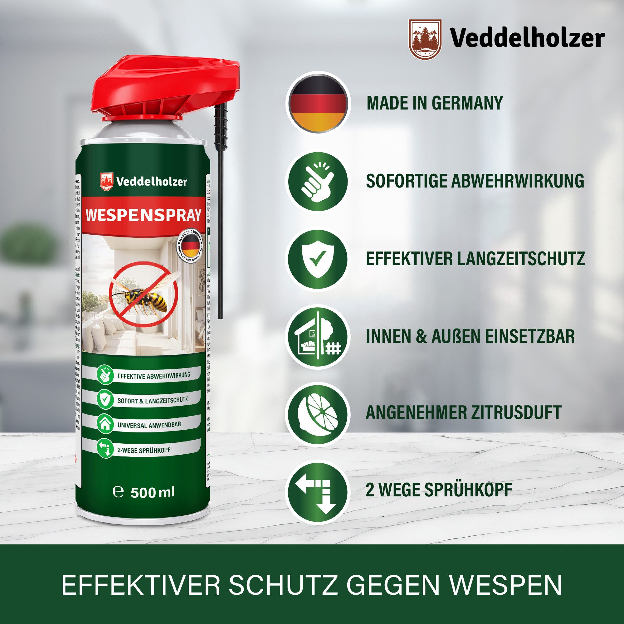 Veddelholzer Wespenspray 500 ml Wespenspray Effektives Wespenspray mit Sofortwirkung Wespen, 500 ml, gegen Wespen im Haus, Garten & auf der Terrasse