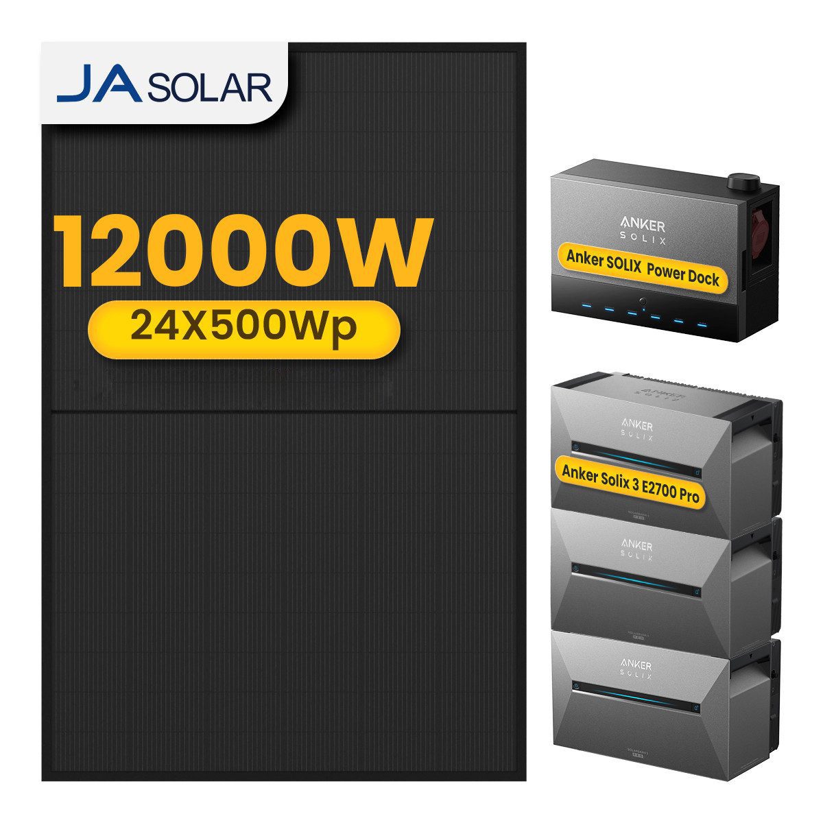 Anker Balkonkraftwerk 12000W Anker SOLIX Solarbank Power Dock mit 3*Solarbank 3 Pro Speicher, (3xAnker Pro3 und 24xJASolar 500Wp Solarmodul im Lieferumfang enthalten), Speicher mit integriertem Wechselrichter, All-in-One 2,68kWh Akku
