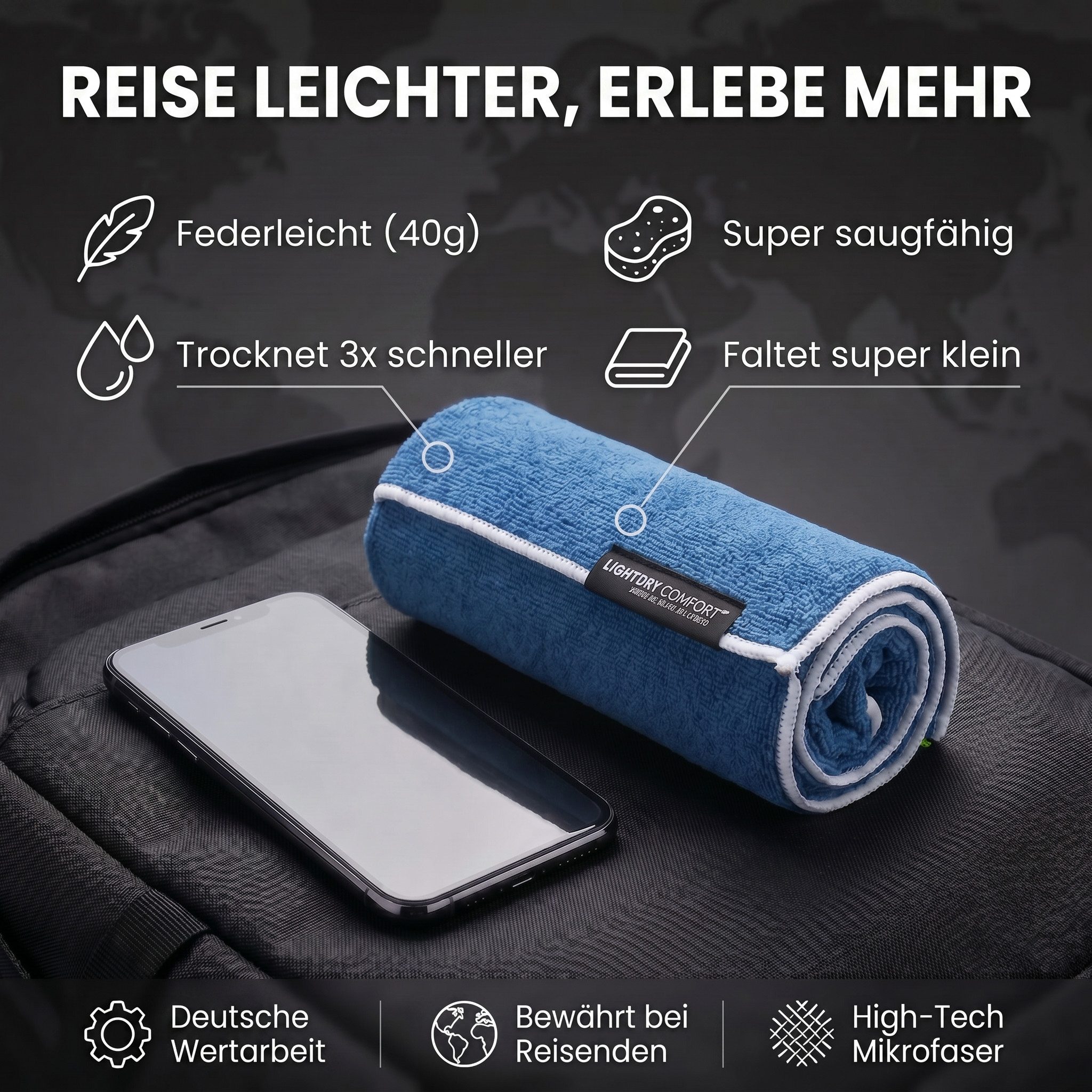 LightDry Reisehandtuch LightDry Reisehandtuch – Leichtes Mikrofaser-Sport und Strandhandtuch, Sport, Strand & Badehandtuch – Bild 2 von 5