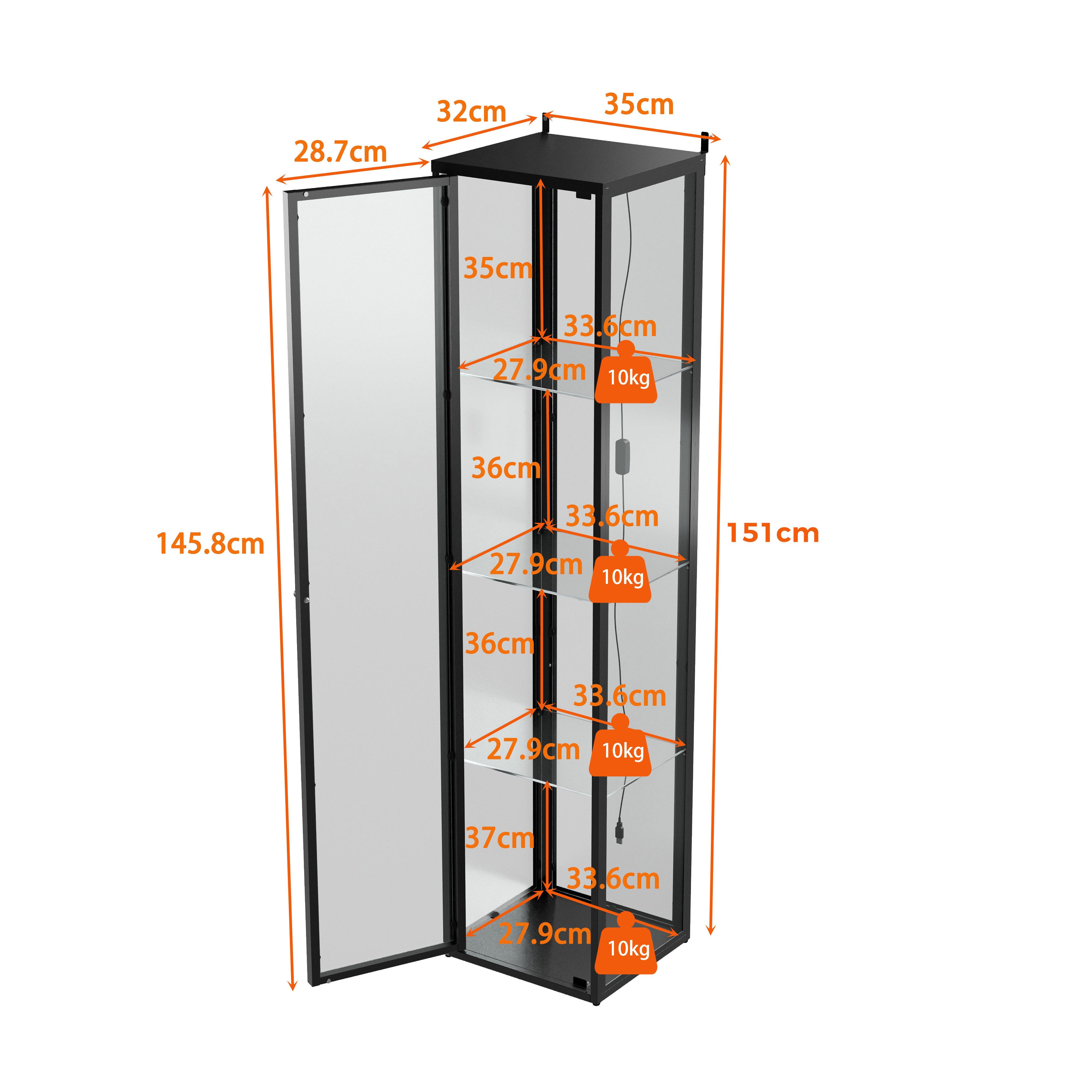 FUFU&GAGA Glasvitrine 150cm Sammlervitrine Schwarz mit LED-Beleuchtung, 4 Ebenen